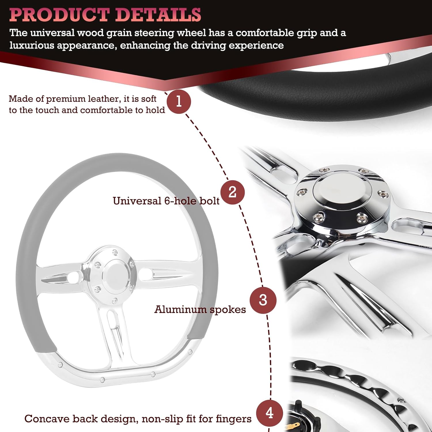 14 Inch D Shape Racing Steering Wheel – 350mm Black Microfiber Leather, Chrome-Plated Aluminum Alloy Spokes, 6 Bolt Deep Dish, Fit for Cars, for Racing Car for Classic Car