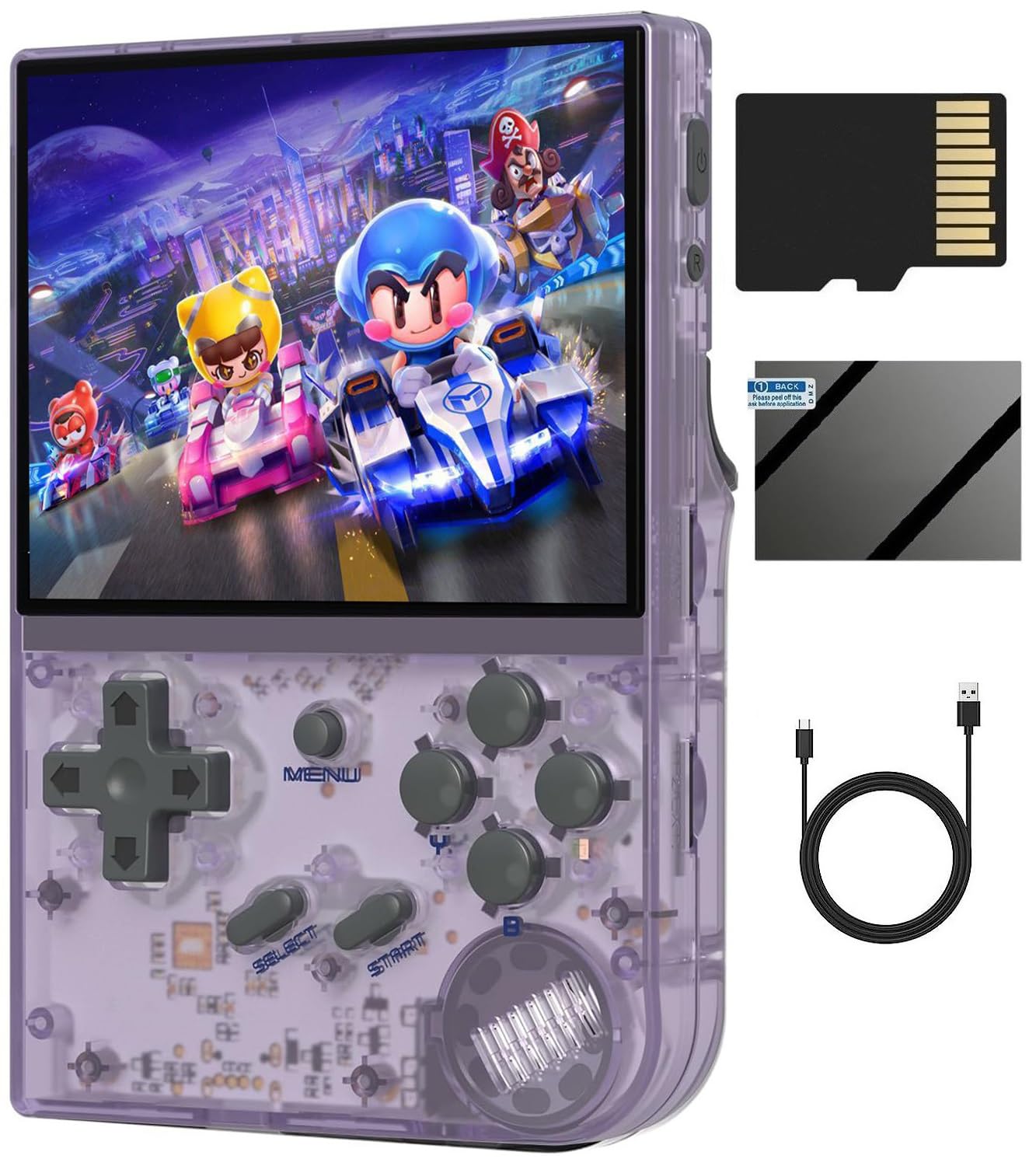 RG35XX - Consola de juegos de mano retro, pantalla IPS de 3.5 pulgadas, sistema Linux integrado, tarjeta TF de 64 G, más de 5000 juegos (morado transparente)