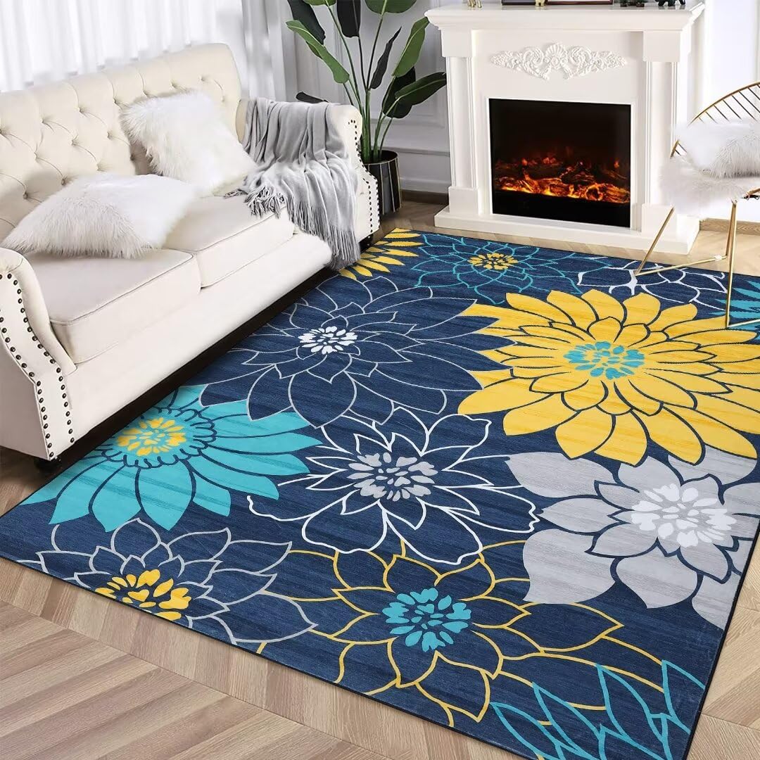 Auton Alfombra de salón con Flores Lavable a máquina, Alfombra para Dormitorio, Antideslizante, Alfombra de Cocina, Alfombra de habitación Infantil, para Interior en el Comedor, Oficina, Color Azul,
