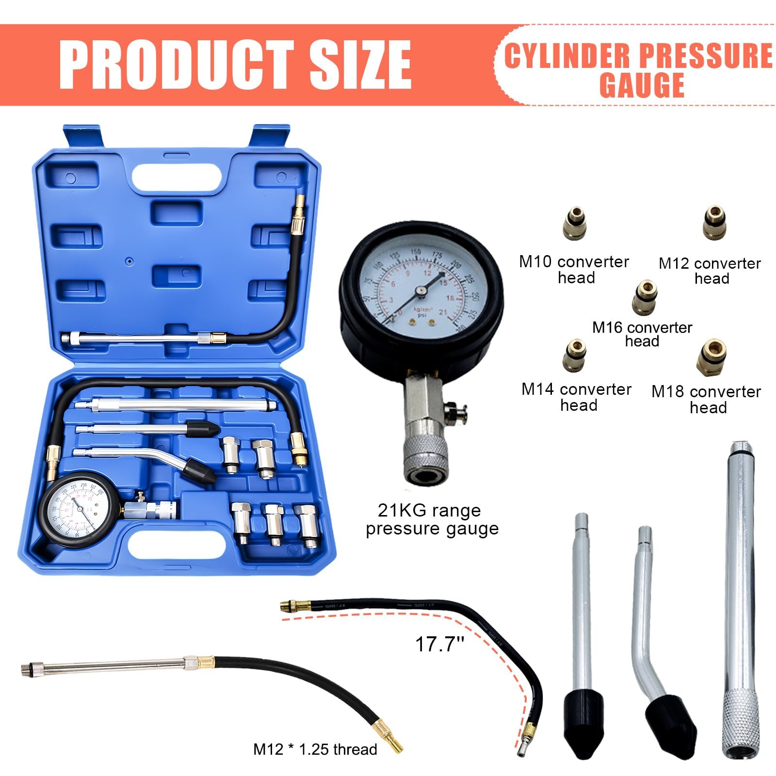 Kit de prueba de compresión de 11 piezas: probador de compresión para motores de gasolina (0-300 PSI/0-20 bar), manómetro de compresión, compresiómetro de presión de cilindro