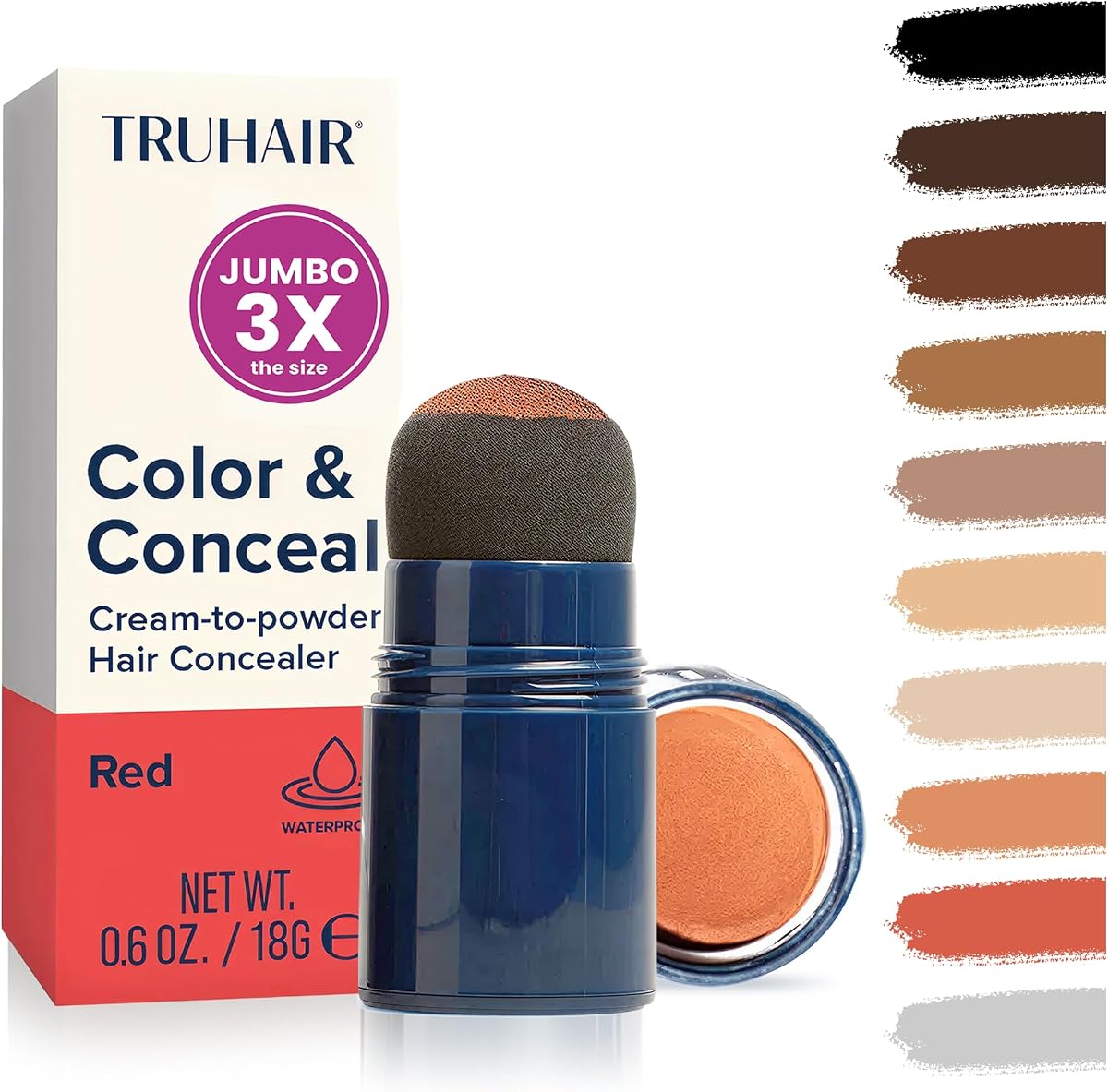 TRUHAIR Jumbo Color & Conceal Waterproof Root Touch Up Hair Color for Gray Hair Coverage - Instant Root Cover Up Hair Powder for Women & Men - Bald Spot Concealing, Hairline Filling (Red)