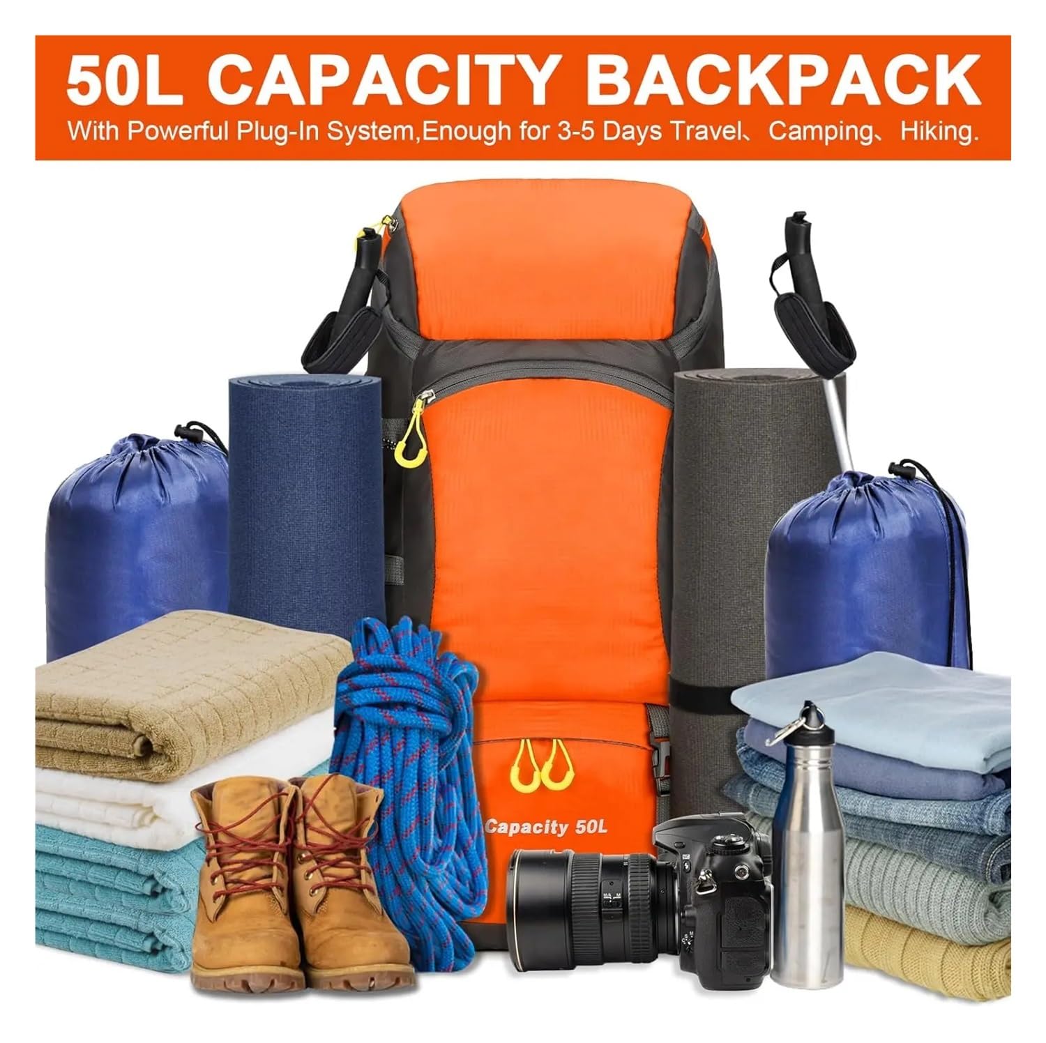 Mochila de senderismo impermeable de 50 litros, ligera, con cubierta para lluvia, para camping, senderismo, senderismo, deportes al aire libre
