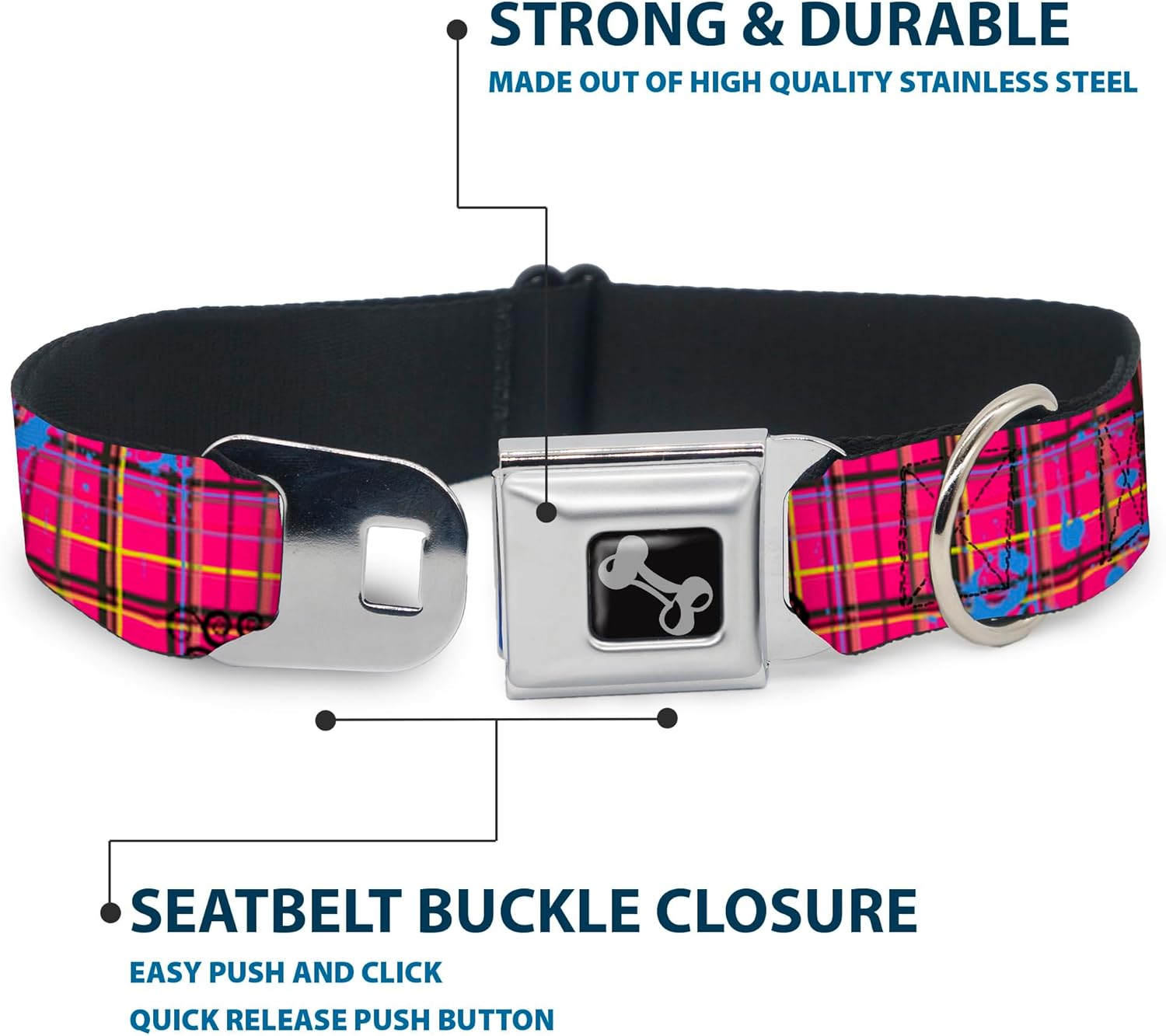 Buckle-Down Seatbelt Buckle Dog Collar - Plaid Curls Pink/Black/Yellow/Blue - 1" Wide - Fits 9-15" Neck - Small