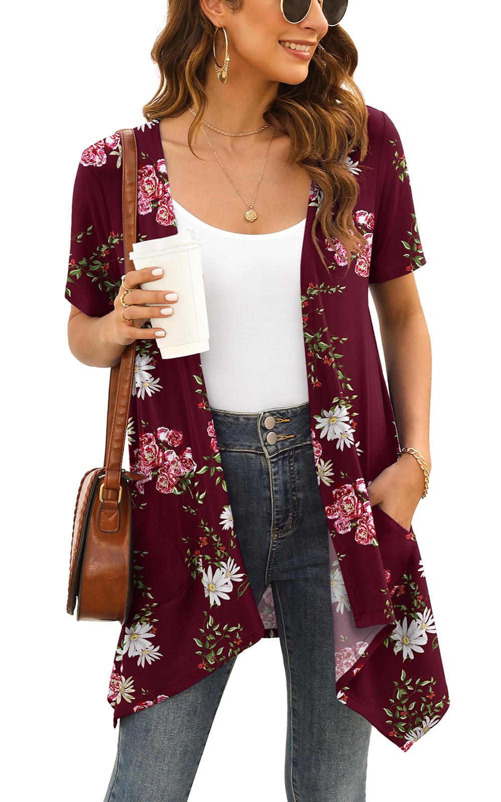 Wiwclo Veryoung Short Sleeve Cardigans for Women Casual Drape Open Front Lightweight Summer Cardigan with Pocket High Low Hem