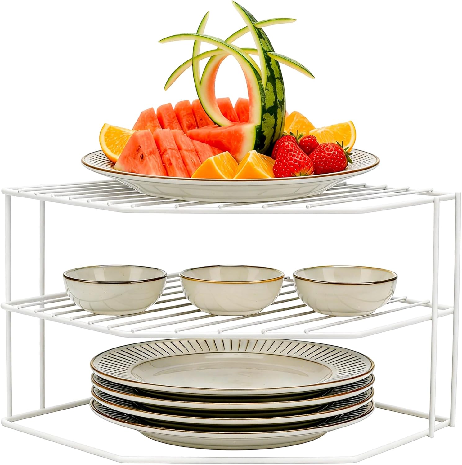 3-Tier Kitchen Corner Shelf Rack – 10x10x7 Inch Metal Wire Counter & Cabinet Organizer, Pantry Kitchen Counter Storage Shelf and Organizer for Plates, Cups, Dishes (White)