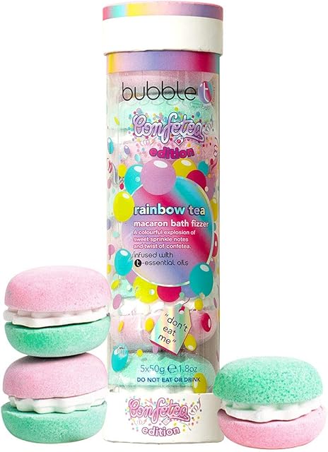 Bubble T Cosmetics Confetea Rainbow Tea Mini Macaron Bath Fizzer Bombs, Packed with Berry Extracts to Cleanse and Nourish Skin with an Uplifting Fragrance, 5 x 50g