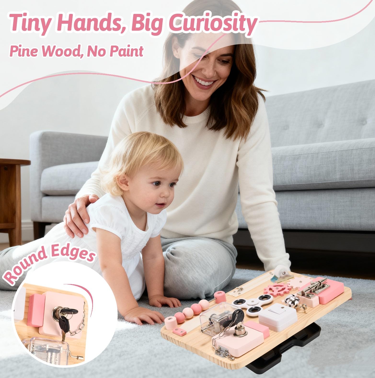 Potatomato Montessori Rosa Busy Board de Madera – Juguete sensorial y Educativo para niños – Actividades manuales, Juegos y Viaje – Regalo para niña o niño – Juguetes Montessori