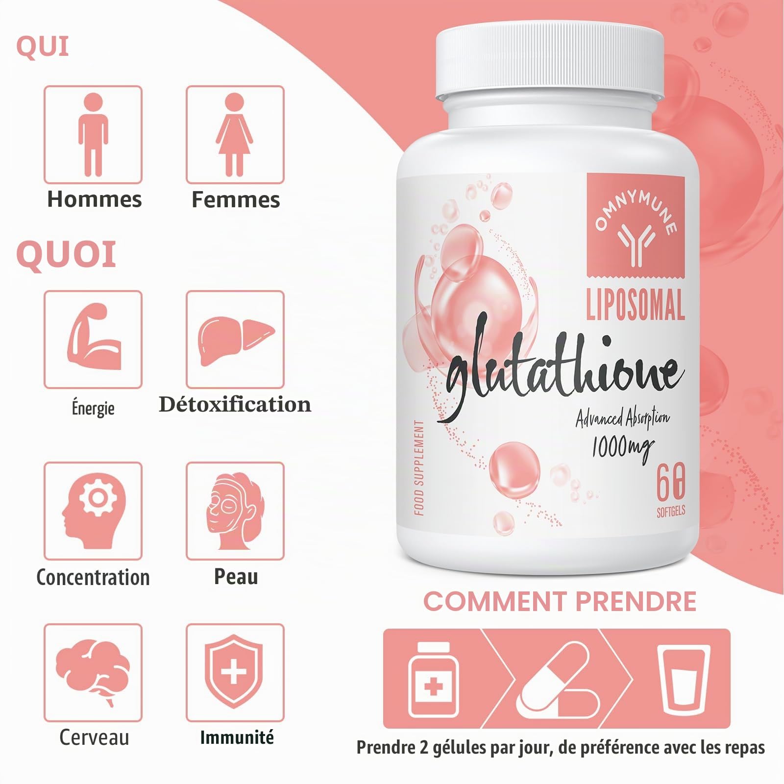 Glutathion Liposomal 1000 mg avec Vitamine C et Acide Hyaluronique – L-Glutathion Réduit, 120 Gélules, Sans Gluten, Sans OGM