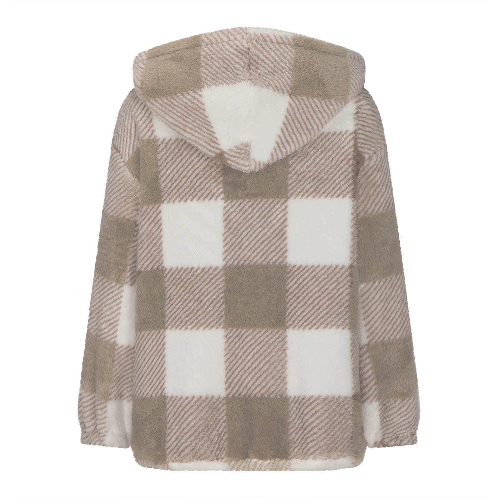 Generisch Fleecejacke Damen Mit Kapuze Teddyjacke Kariert Aufdruck Winterjacke Elegant Plüschjacke Winter Warm Plüschmantel Langarm Flauschjacke Kuschelig Damenjacken Winddicht Wintermantel Casual
