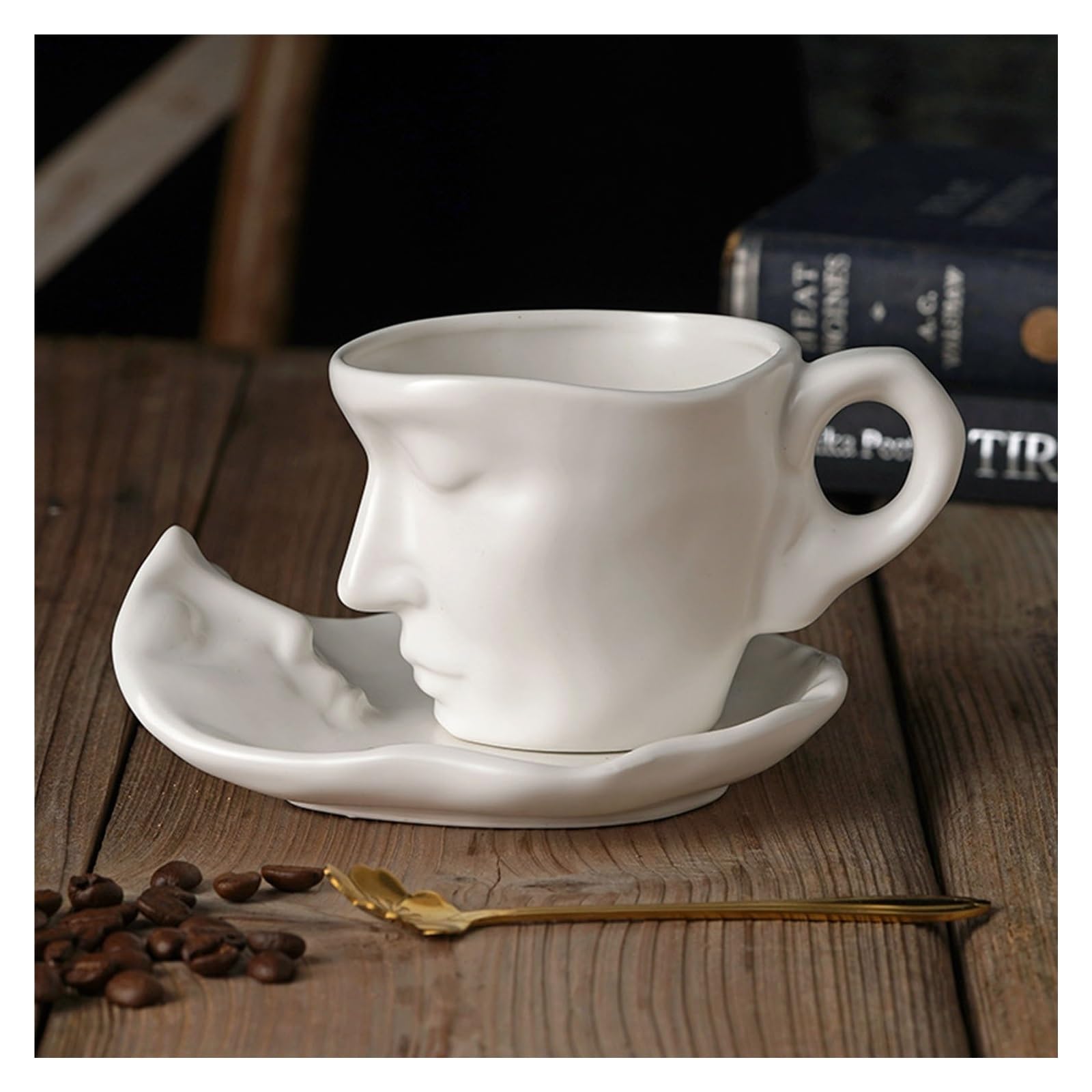 KYOFIS Kiss Coffee Mug, Tea Cup and Saucer Set Creative Ceramic Touching Face Coffee Mug Teacup for Couple Man Woman Unique Gift (Color : White, Size : 100ml)
