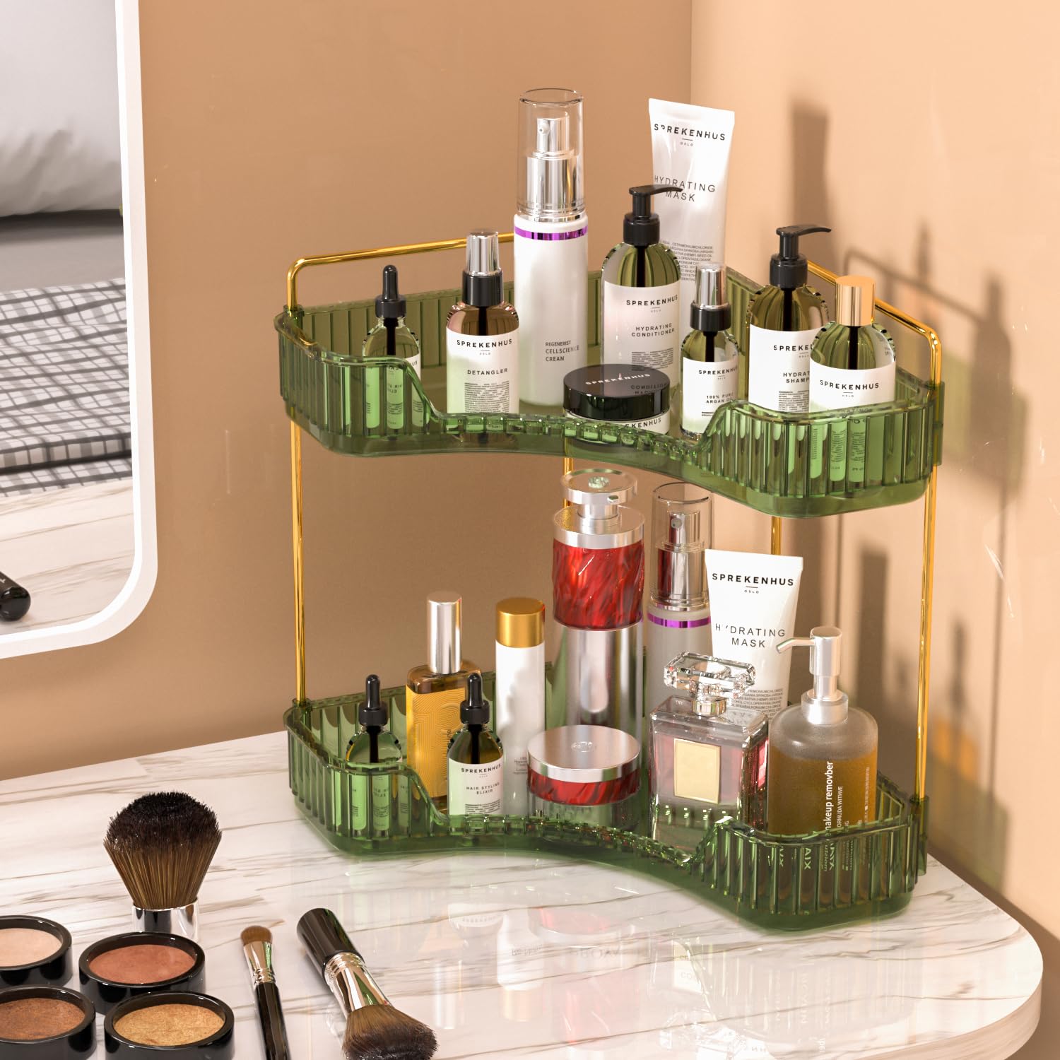 MOACC Organizzatore di Trucco, Organizzatore di Cosmetici ad Grande Capacità, Organizzatore di Profumi, Make Up Organizer Adatti per Toeletta Camera da Letto Bagno Cucina, 2 Strati, Verde