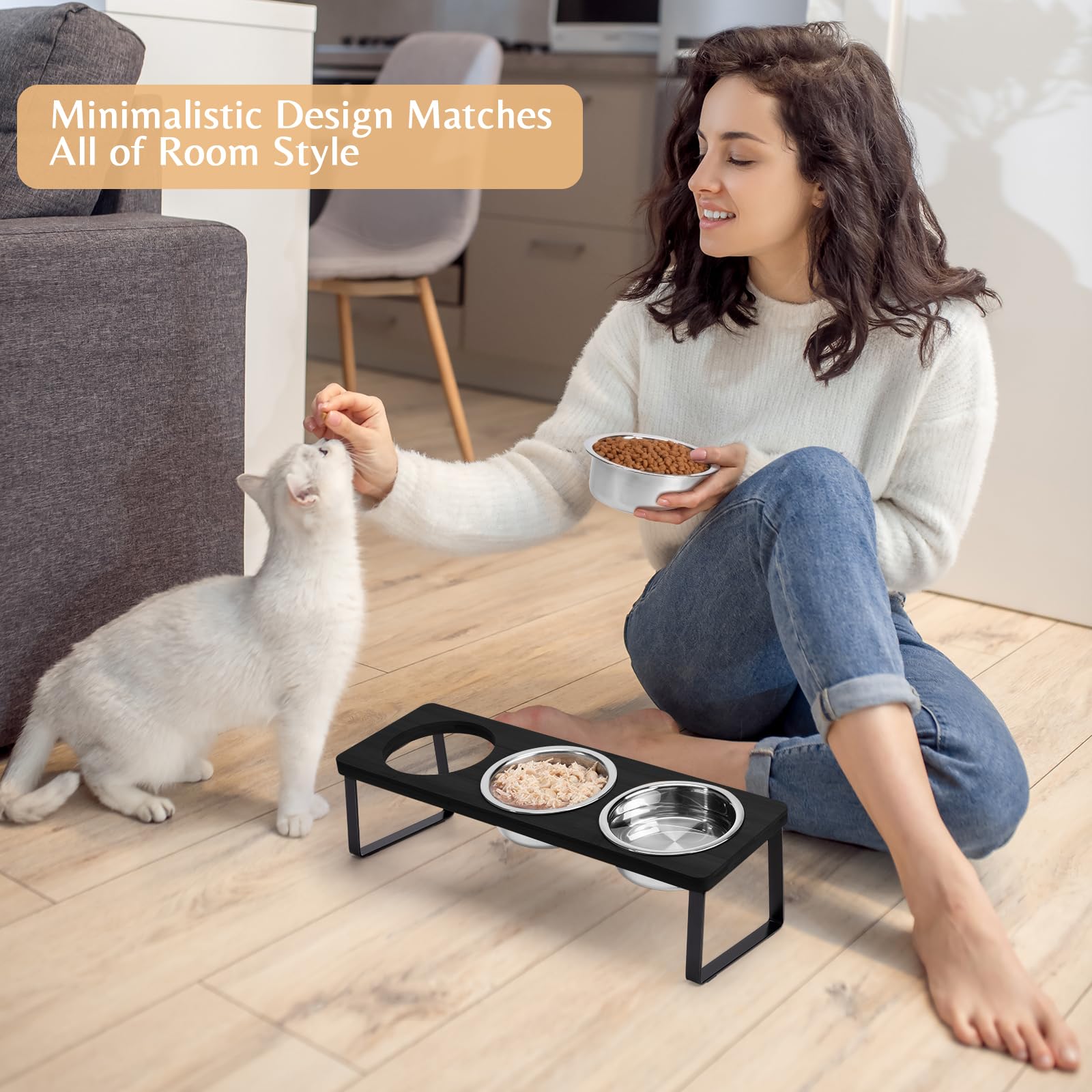 【Erhöhte Katzennäpfe für Futter und Wasser】 15° geneigter erhöhter Katzennapf-Set Schnurrhaarfreundlich, 3 Schwarze Edelstahl-Anti-Erbrechen-Schalen mit Ständer für Indoor-Kätzchen, Kätzchen und