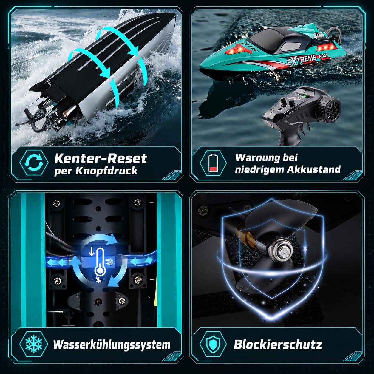 Ferngesteuertes Boot 55 km/h, RC Boot mit Bürstenlosem Motor & LED, Doppelt wasserdicht, Selbstaufrichtung & Reichweitenalarm, Motorboot für Erwachsene, für Pools und Seen