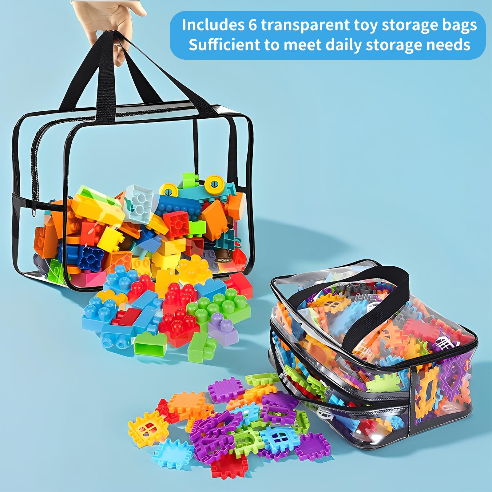 6 Sacchetti portaoggetti per giocattoli 35 x 18 x 24 cm Sacchetto portaoggetti con cerniera, PVC trasparente impermeabile per puzzle, mattoncini, libri