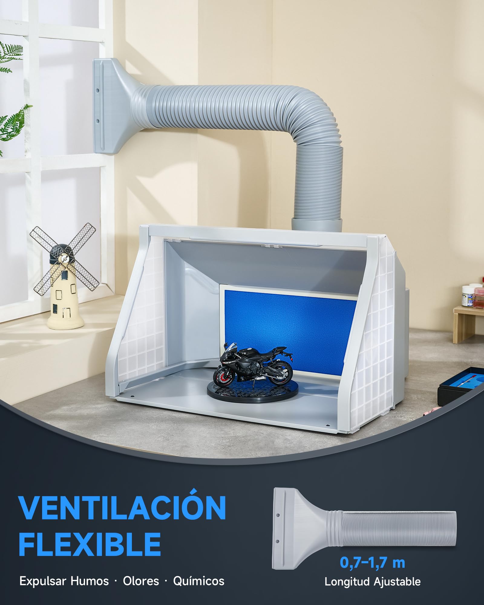VONLUCE Cabina de Pintura Plegable con Aerógrafo Profesional, Ventilación Ajustable 4m³/min, 3 Luces LED, Plato Giratorio 19 cm Manguera 1,4 m para Modelos y DIY