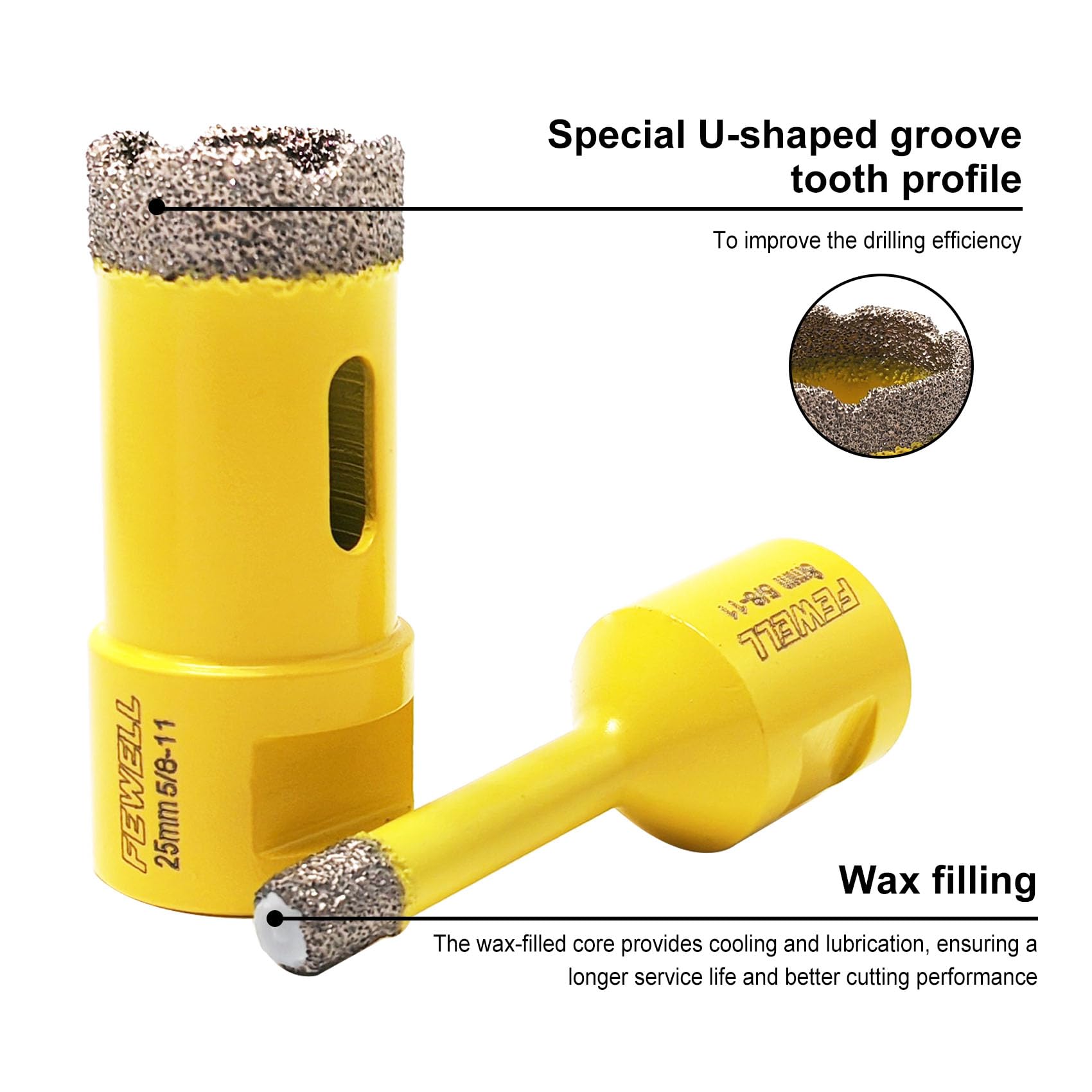 FEWELL Kit di seghe a tazza diamantate per piastrelle con punta diamantata da 5/8-11, set di punte diamantate (6/8/20/25/35/50/65/100 mm+punta a dito da 20 mm + punta per smussare 50 mm) per