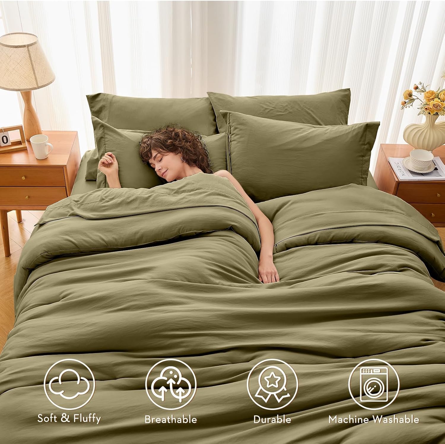 muxhomo 7 pieces california king comforter set, soft bed in a bag cal king size, all season bedding set with comforter, flat sheet, fitted sheet, pillowcases & shams, olive green cal king(104"x 96") olive green