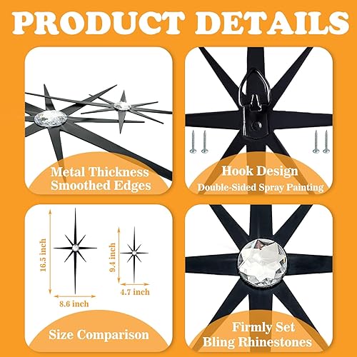 Miniatura 4 de 4 piezas de escultura de pared de arte de estrella de metal, decoración de pared de explosión de estrella de 8 puntas, diamantes brillantes de