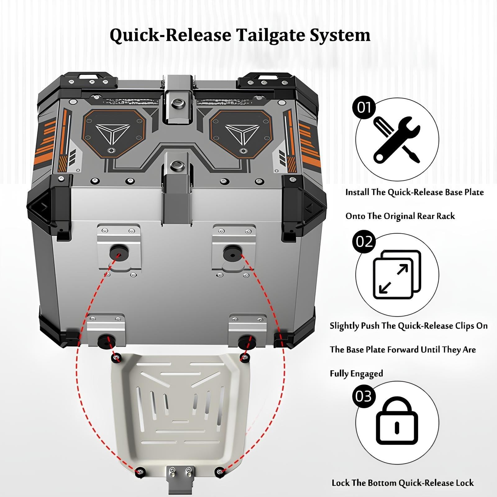 Baúl Moto Universal 45L con Desmontaje Rápido, Impermeable Y Cerradura De Seguridad – Ideal para Viajes Y Uso Diario | Placa De Montaje Incluida(45L A2)