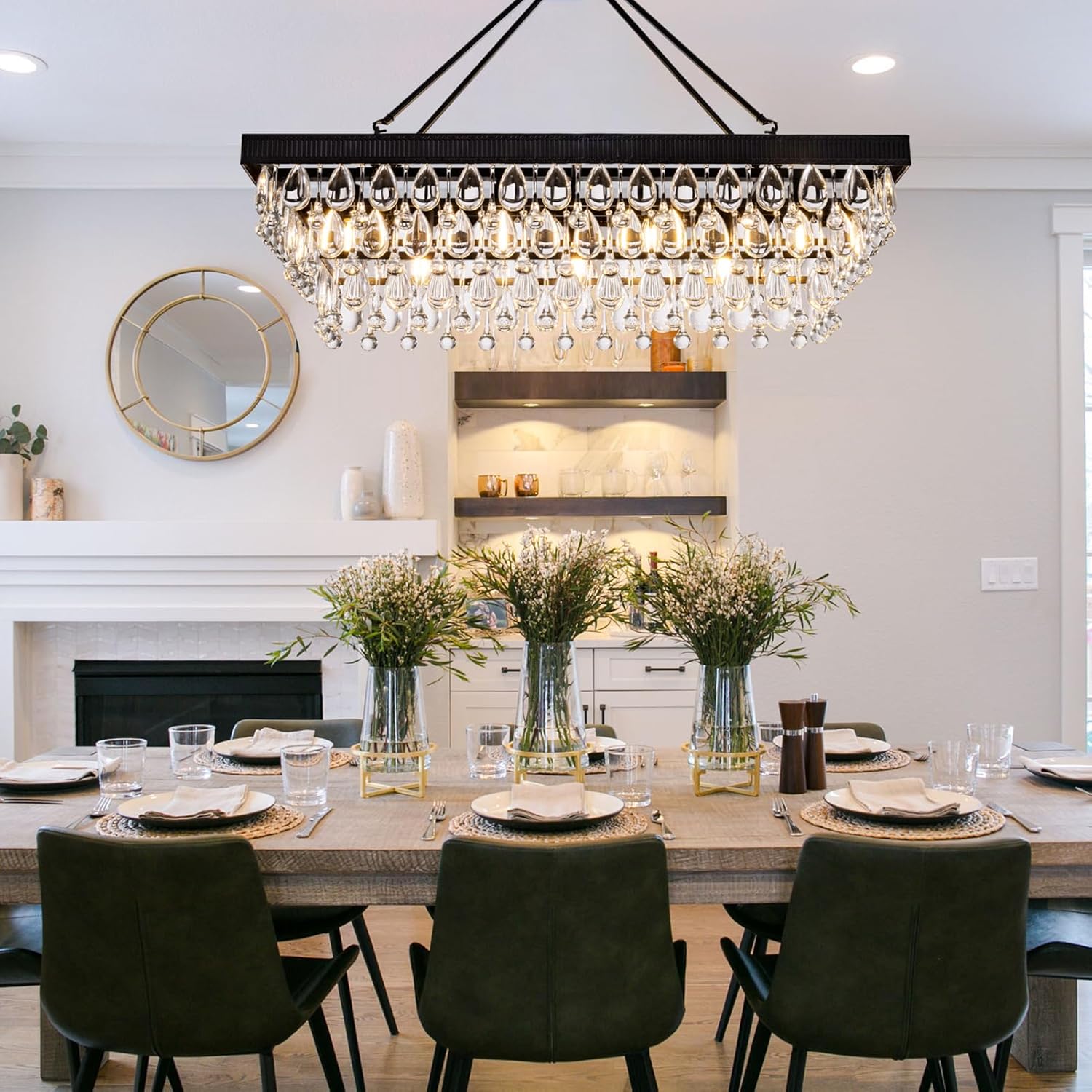 TOCHIC Crystal Dining Room Chandelier Over Table, Black Linear Rectangle Chandeliers, 7 Lights Modern Farmhouse Pool Table Billiard Light Fixture for Kitchen Island, Living Room, Entryway, 38" L