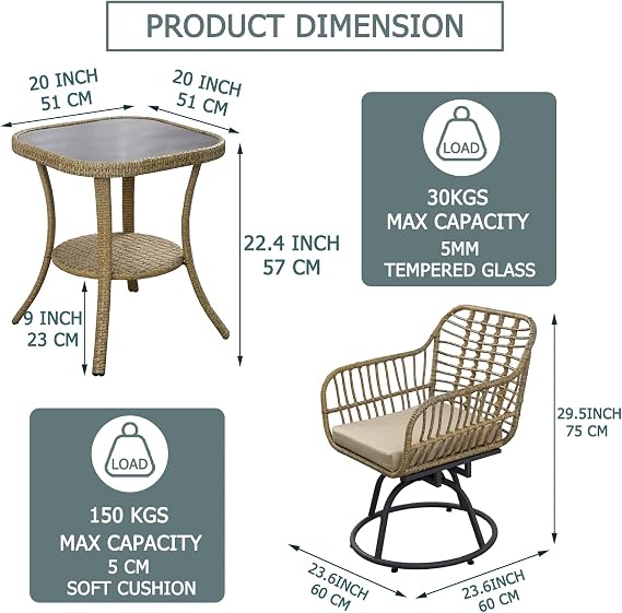 3 PCS Wicker Balcony Bistro Set, 360 Swivel Rocker Patio Chairs Set with Soft Cushions, Tempered Glass Top Table, Patio All-Weather Wicker Furniture Set - Swivel