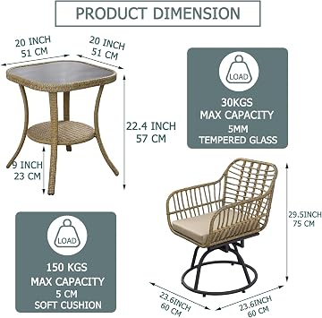 3 PCS Wicker Balcony Bistro Set, 360 Swivel Rocker Patio Chairs Set with Soft Cushions, Tempered Glass Top Table, Patio All-Weather Wicker Furniture Set - Swivel