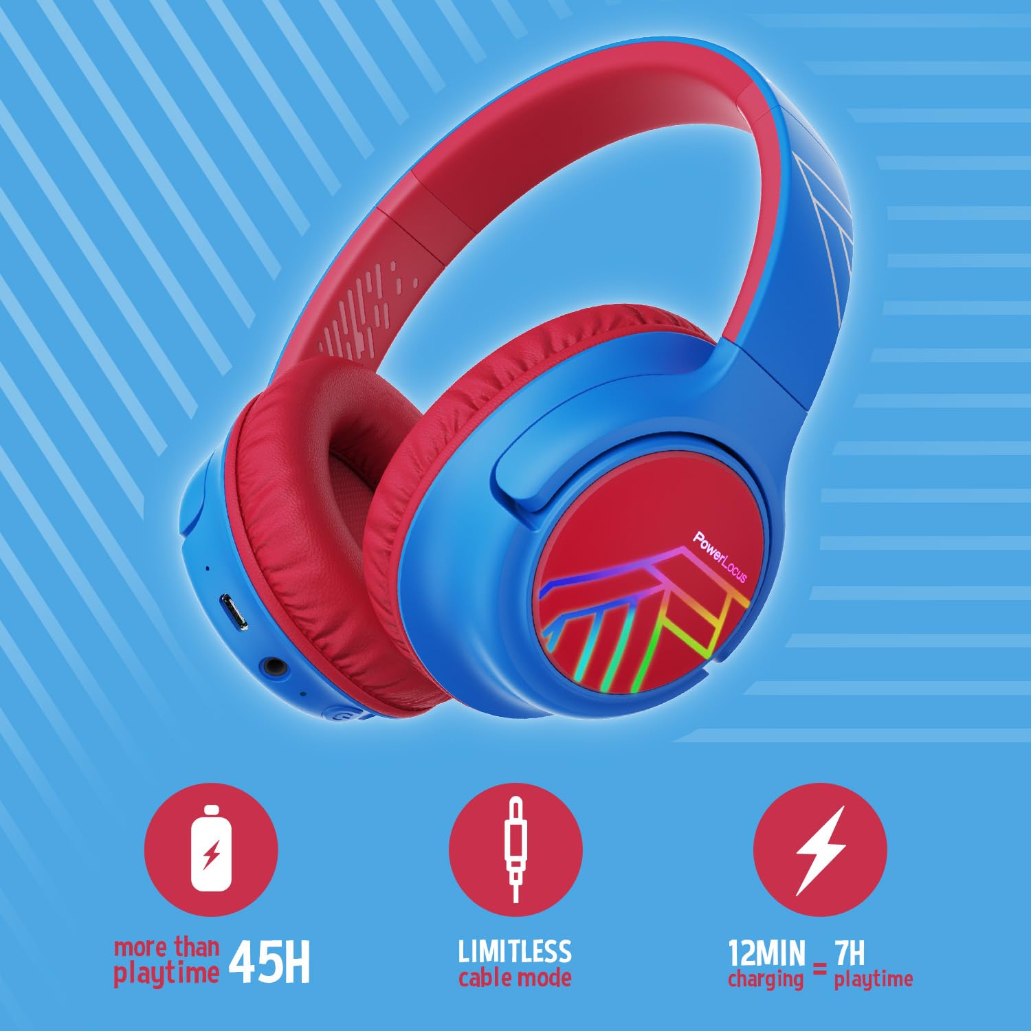 PowerLocus Kids Wireless Headphones, Bluetooth Kids Headphones LED Lights Over Ear with 74/85/94dB Volume Limited - Image 2