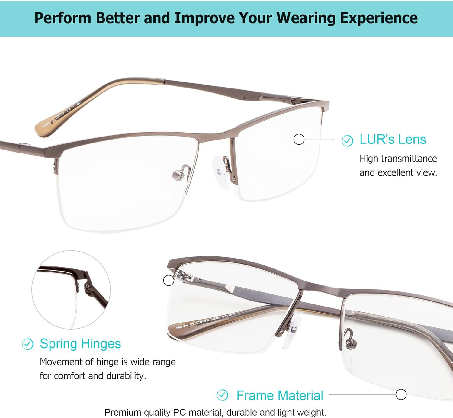 LUR READING GLASSES 6 pack Half-Rim Metal Readers
