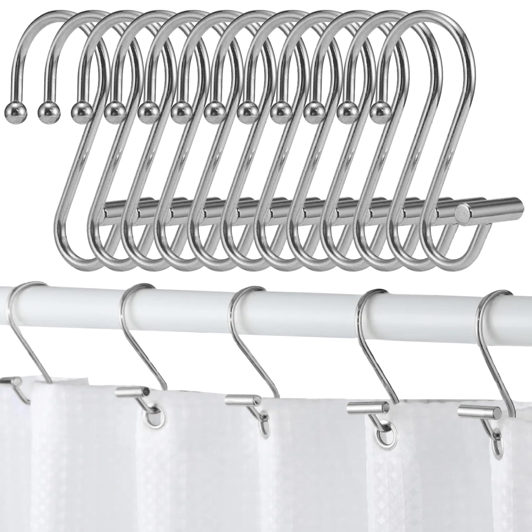 12Pcs Shower Curtain Hooks, T-Shaped Shower Curtain Hooks, Rust-Proof Decorative Sturdy Metal Rings for Bathroom Curtains, Clothing, Towels, Chrome ;1