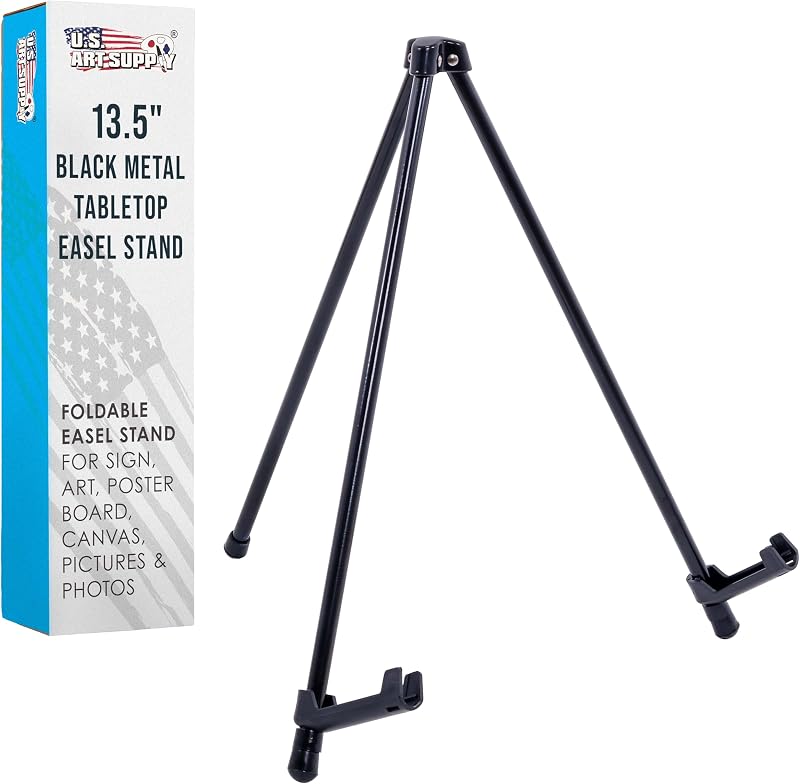 U.S. Art Supply 13.5" Black Metal Tabletop Easel Stand - Foldable Tripod Table Top Easel Stand for Sign, Art, Poster Board, Canvas, Pictures & Photos - Display Table Easels with Non-Skid Feet