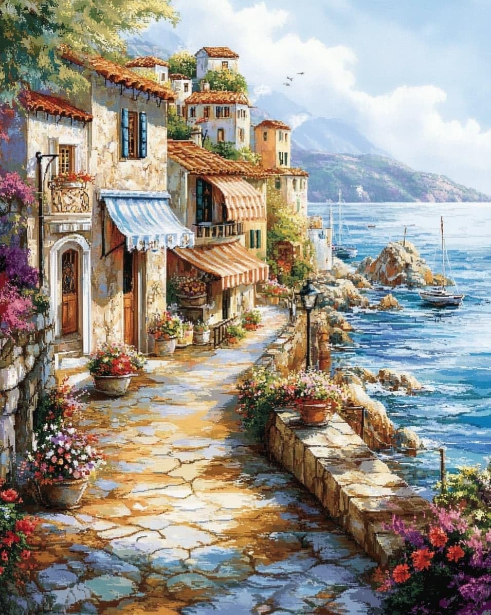 WallustrioaW Stamped Cross Stitch Kits for Adults,Seaside Town,11CT Cross-Stitch for Home Wall Decor DIY Embroidery Kit Needlework Crafts,40x50cm