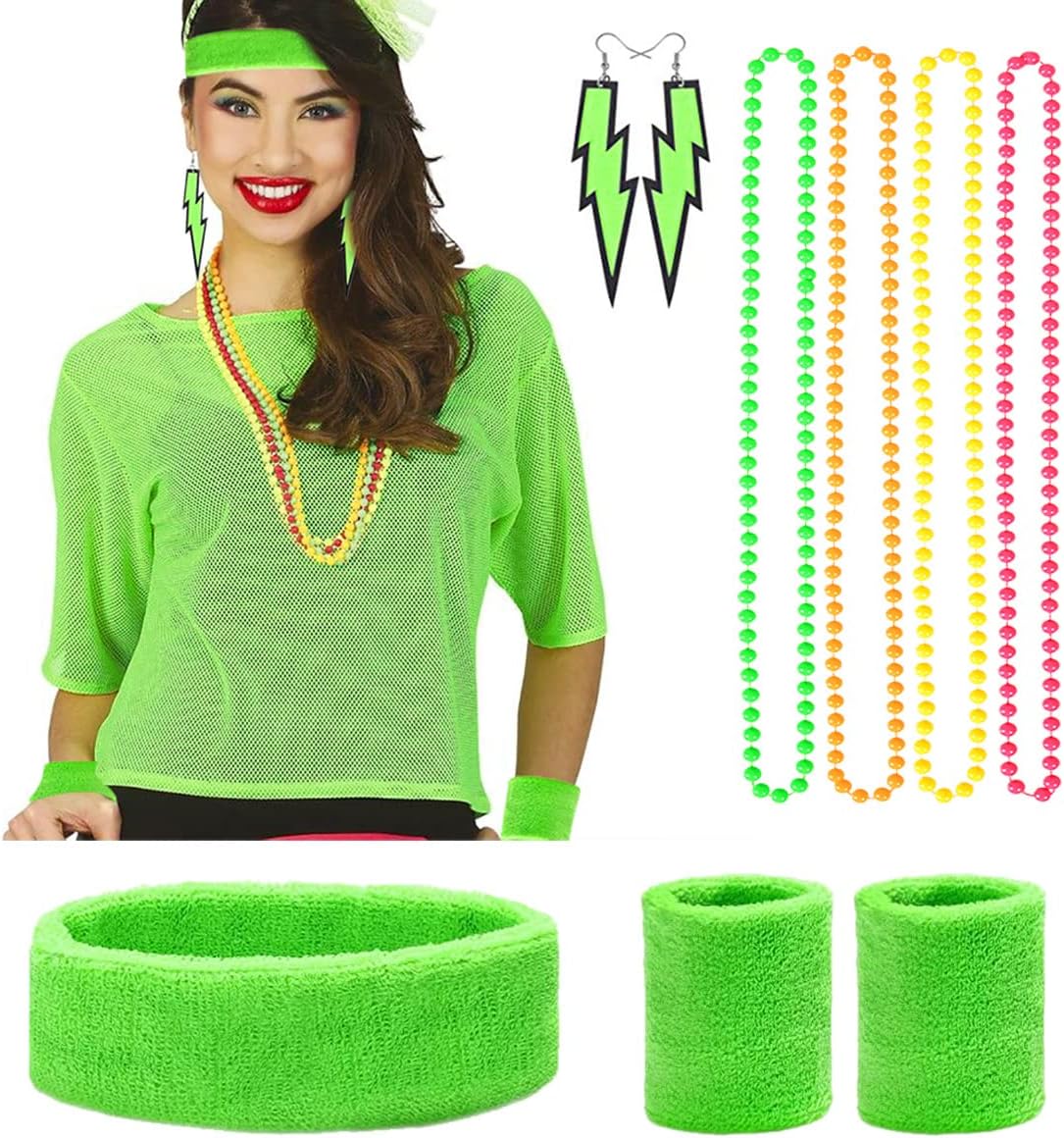 Déguisement Années 80 Femme Néon Disco – Kit Complet T-Shirt Fluo + Accessoires Bracelets, Collier, Bandeau, Boucles D’Oreilles Pour Carnaval, Halloween, Soirée Rétro