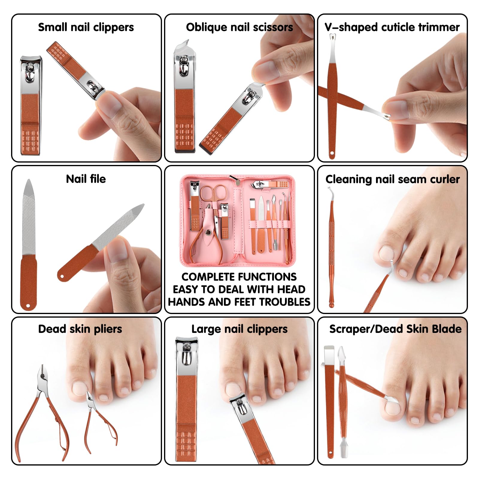 Juego de manicura y pedicura – Kit de cortaúñas de los pies, kit de manicura profesional, kit de pedicura, kit de cuidado de uñas con, estuche de viaje rosa, juego de 12
