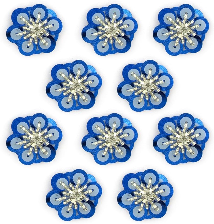 HAND No.13 Blue and Silver Sequins Little Beads Diamonte Sew-On Flower Trims - Embellishments for Clothing, Accessories - Pack of 10