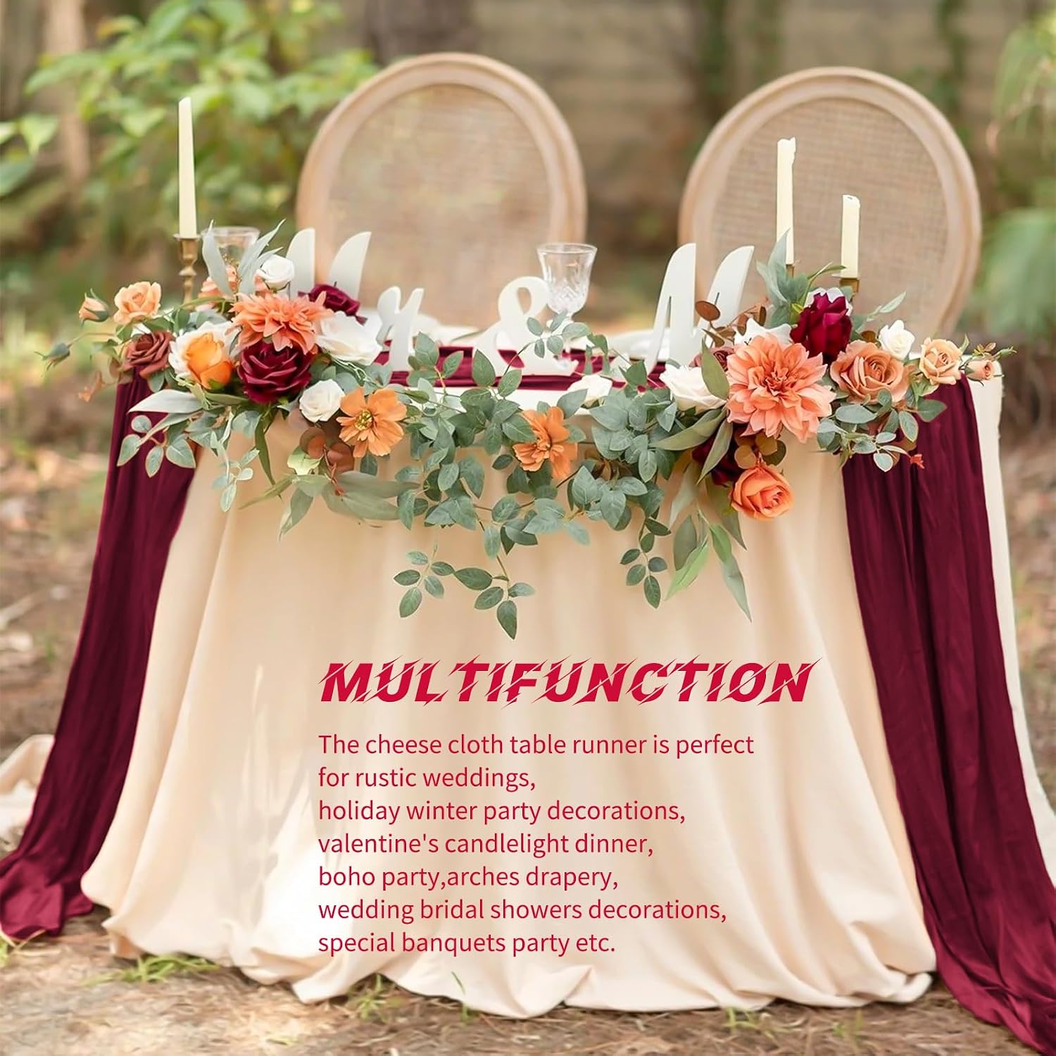 10 Pack Burgundy Cheesecloth Table Runner 17x108 Inch Semi Sheer Boho Gauze Cheese Cloth Table Runners, for Wedding Bridal Shower Birthday Party Home Decor Garden Farmhouse