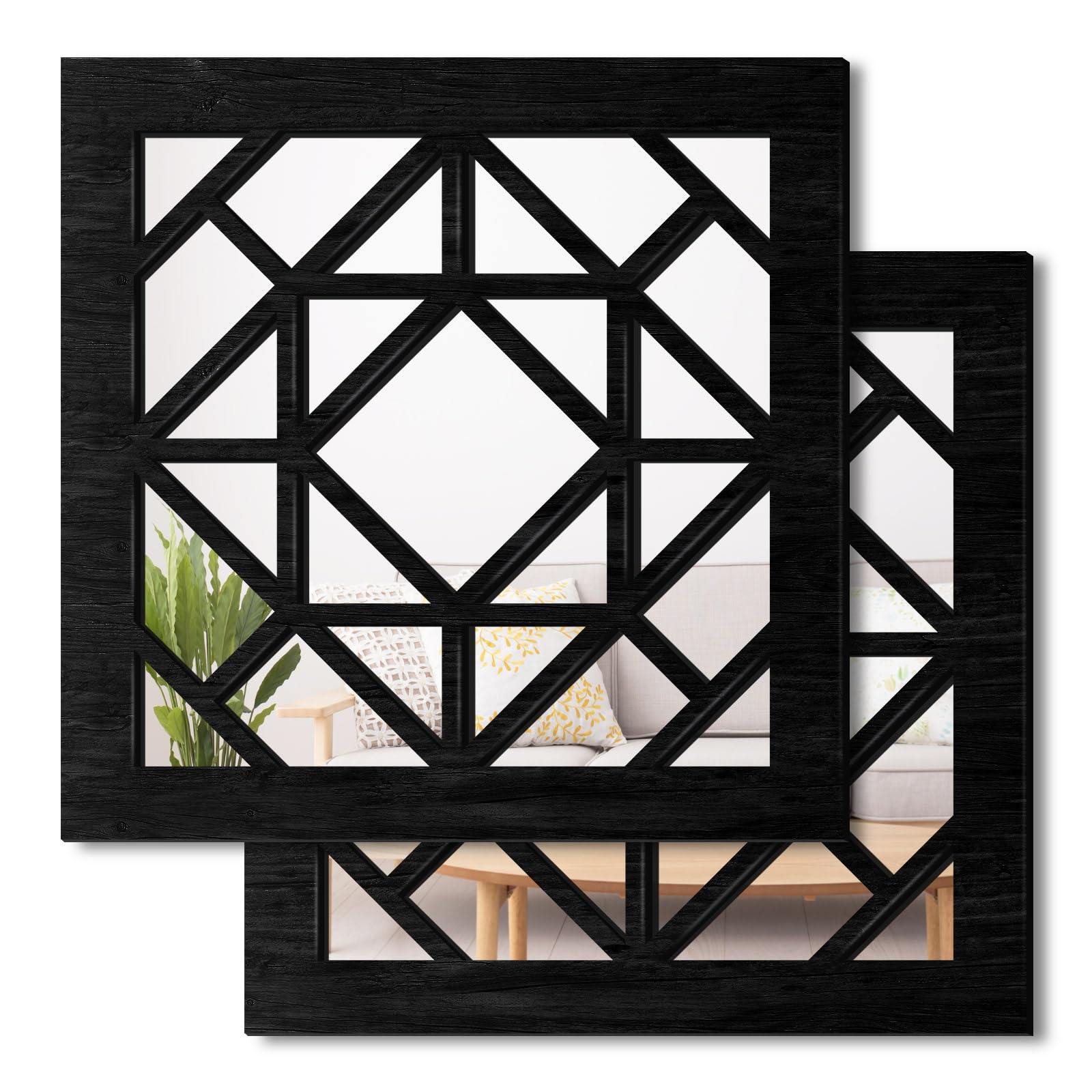 2 x Square Wall Mirrors, Rustic Farmhouse Wall Mirrors, 30 cm Small Mirror Art (Black)