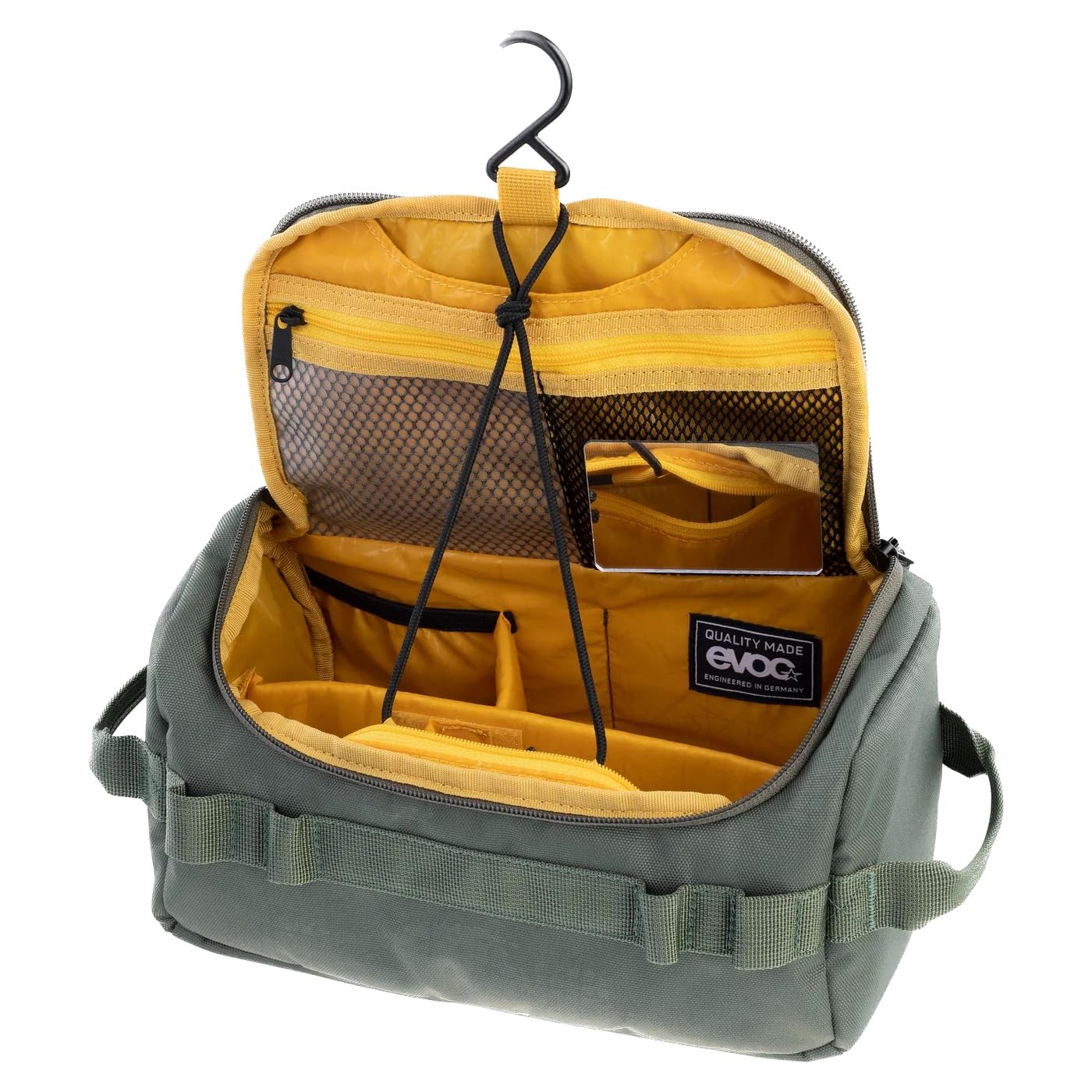 EVOC WASH BAG Torba na kosmetyki, kosmetyczka na co dzień w podróży (przegródki organizacyjne z indywidualnym podziałem przestrzeni, wyjmowane lusterko, torba na kosmetyki z zawieszką), ciemnooliwkowa