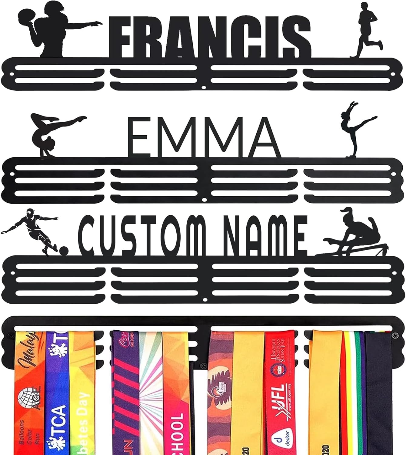 Personalized Medal Holder with Name Display Rack for Awards Ribbons - Metal Custom Sports Race Plaques Hanger for Wall Mount Hold Up 60 Medal Hanger Display for Athlete Boy Girl Kid