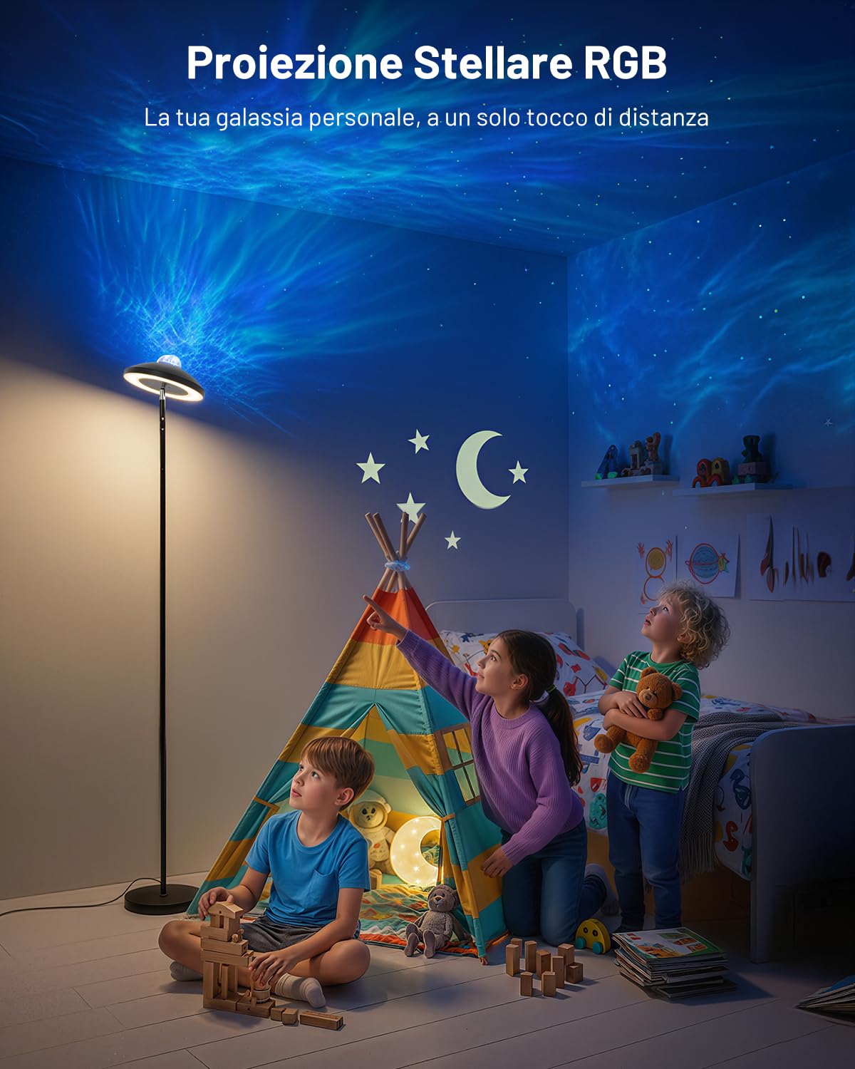 Lampada da Terra LED Dimmerabile con Proiettore Stellare RGB e Telecomando | Piantana da Terra 3000K-6000K, 15W 1300LM Floor Lamp Moderna, Lampada Angolare Nera per Camera da Letto, Soggiorno, Ufficio