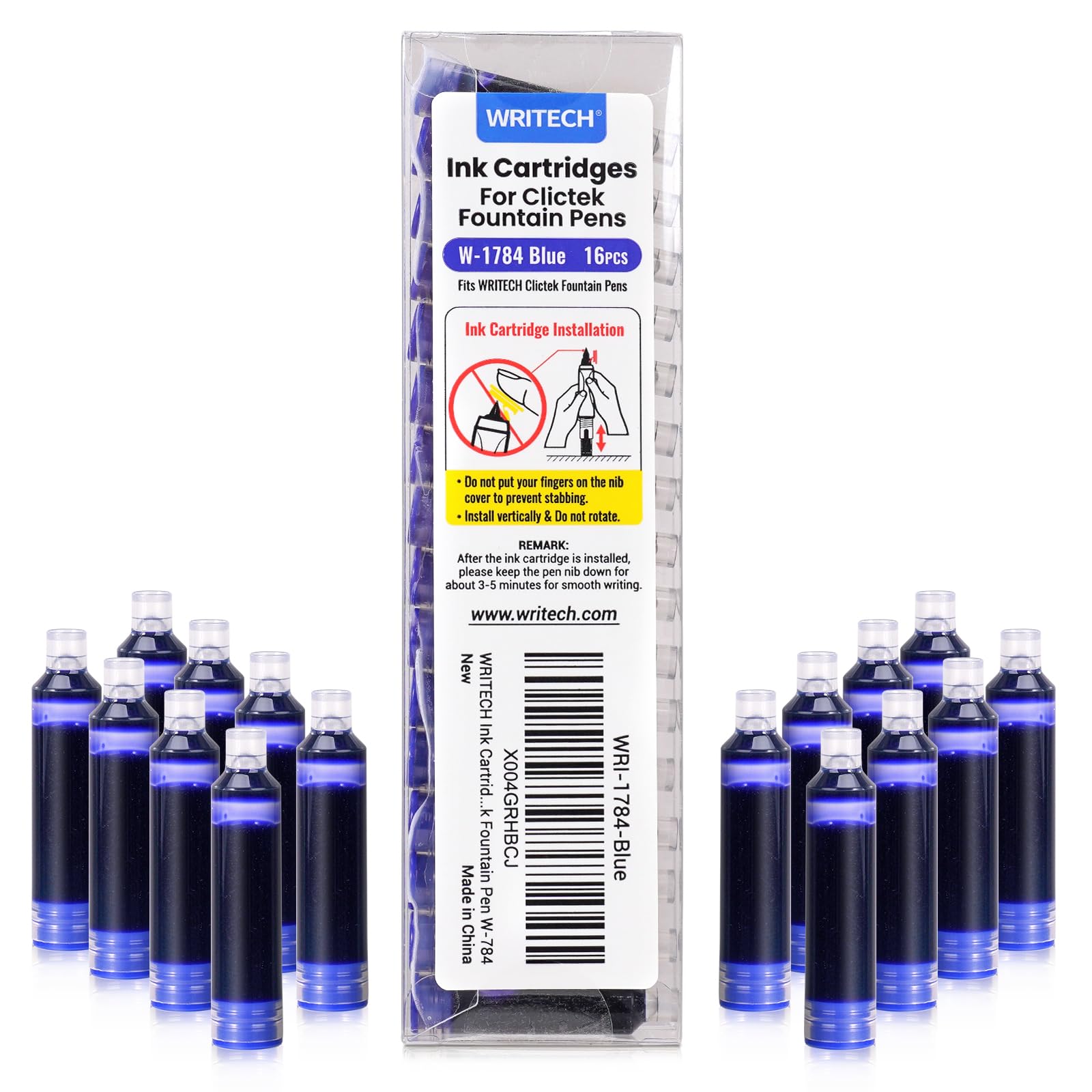 WRITECH Blue Ink Cartridge Set: 16 Ink Cartridges Clictek Fountain Pens