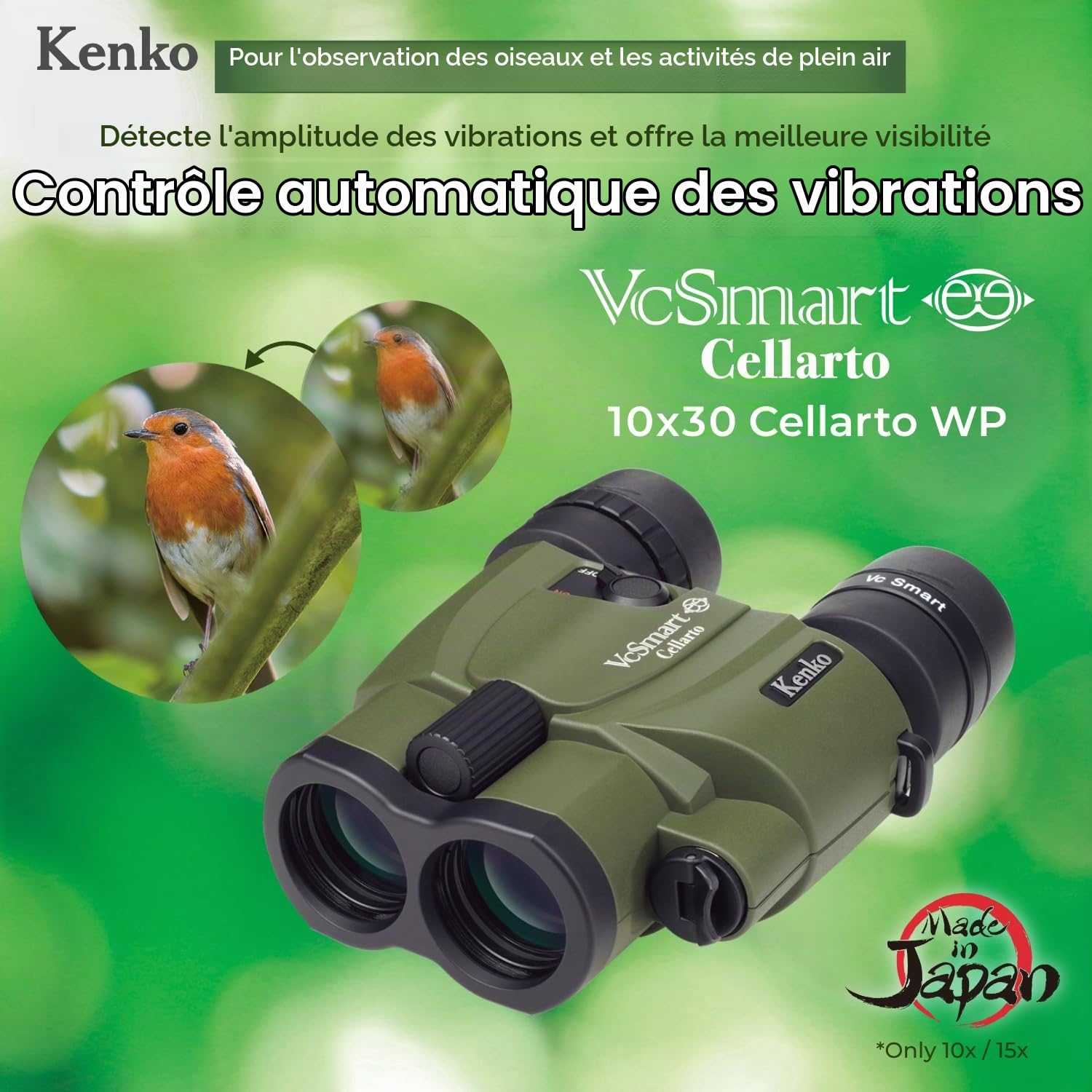 Kenko Jumelles à stabilisation d'image Vc Smart 10x30 Cellarto WP, Prisme en Toit, étanches IPX7, Utilisation Continue 28 Heures, pour l'extérieur, l'observation des Oiseaux et des étoiles, 097922