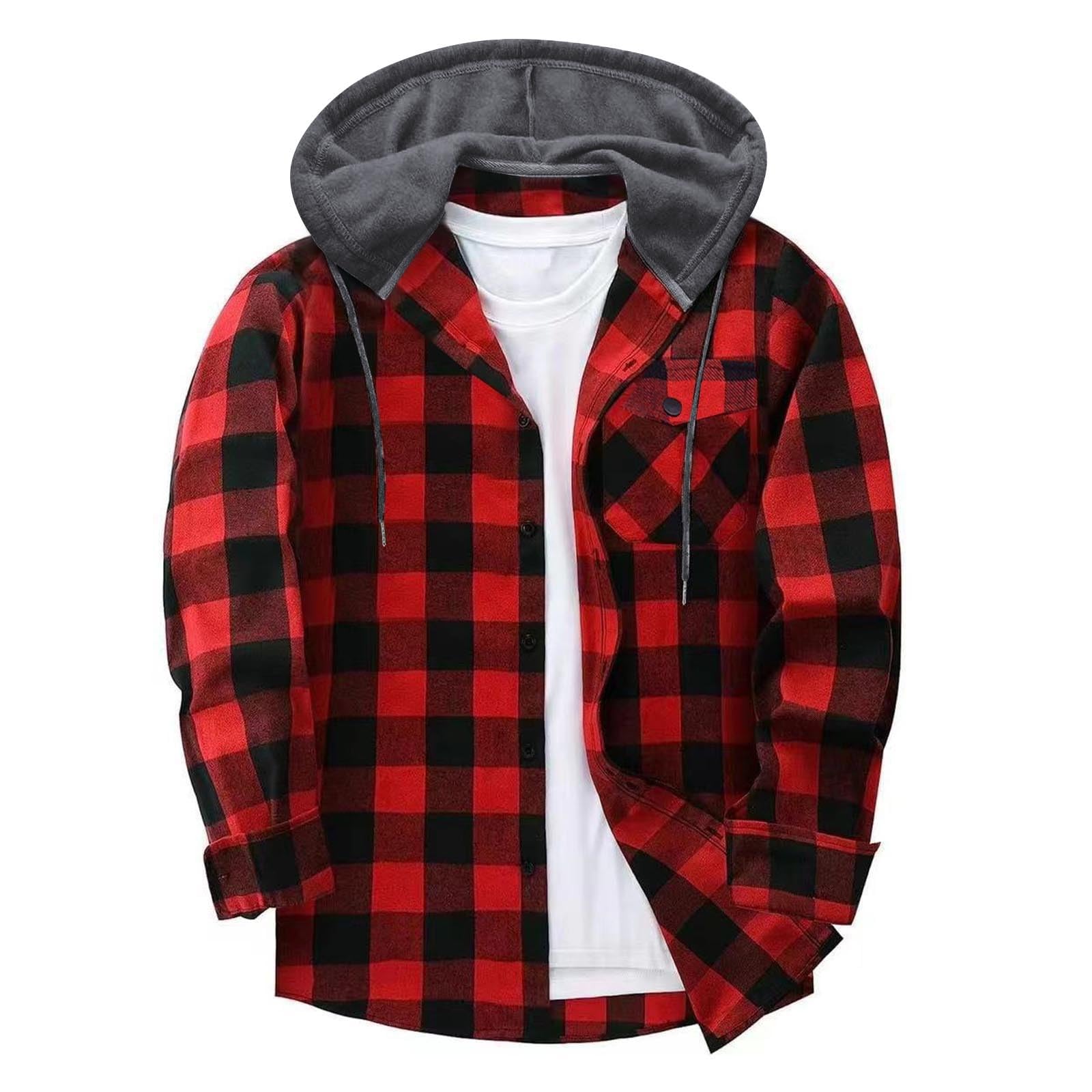 Shirts for Men Long Sleeve Fashion Casual Button Down Plaid Shirt Drawstring Hooded Jackets Lightweight Shacket 2026 — view 13