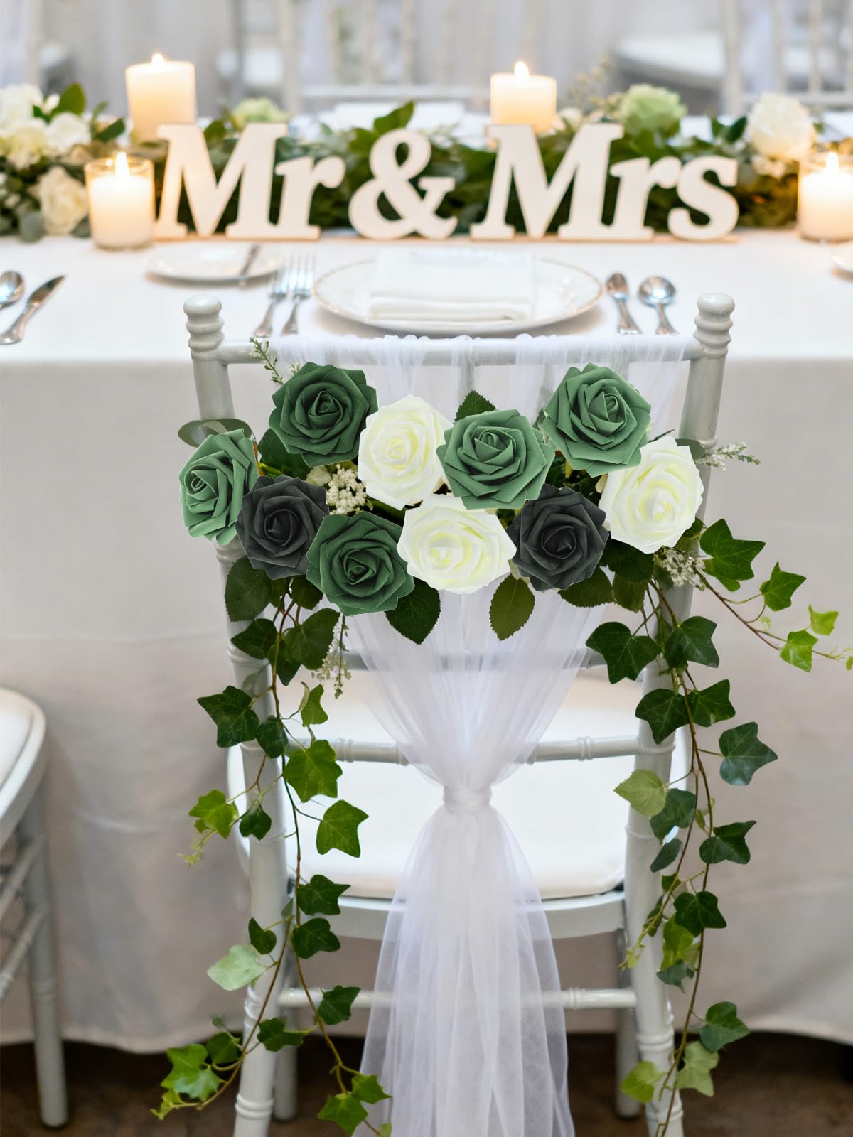 25 rose artificiali bianche e verdi, rose finte in schiuma realistica al tatto, per bouquet da sposa, centrotavola, composizioni floreali, feste, decorazioni per la casa