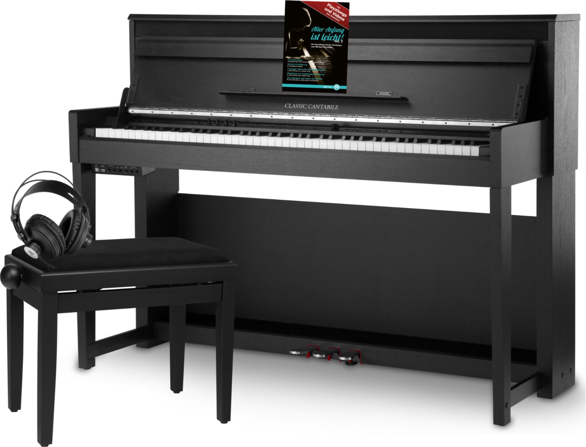 Classic Cantabile UP-1 SM Piano Droit Numérique - 88 Touches Clavier électronique à marteaux - Synthetiseur avec USB, MIDI, 40 voix, 256 polyphonie - Set avec Banc et Casque - Noir Mat | 88 touches lestées avec clavier Graded Hammer - Clavier avec surface