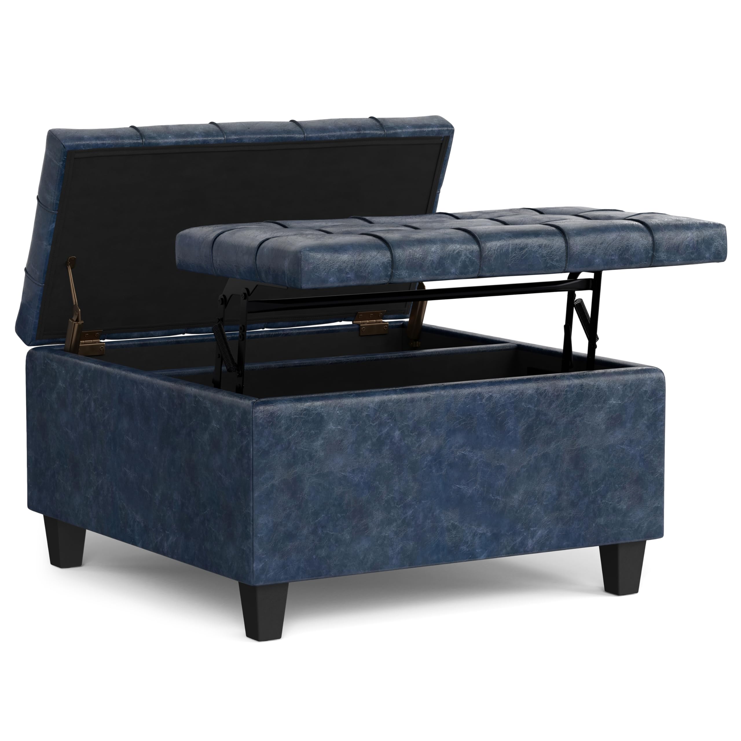 SIMPLIHOME Harrison Small Coffee Table Storage Ottoman - 30 inch Wide Upholstered Vegan Leather Square Lift-Top Ottoman in Denim Blue, Transitional