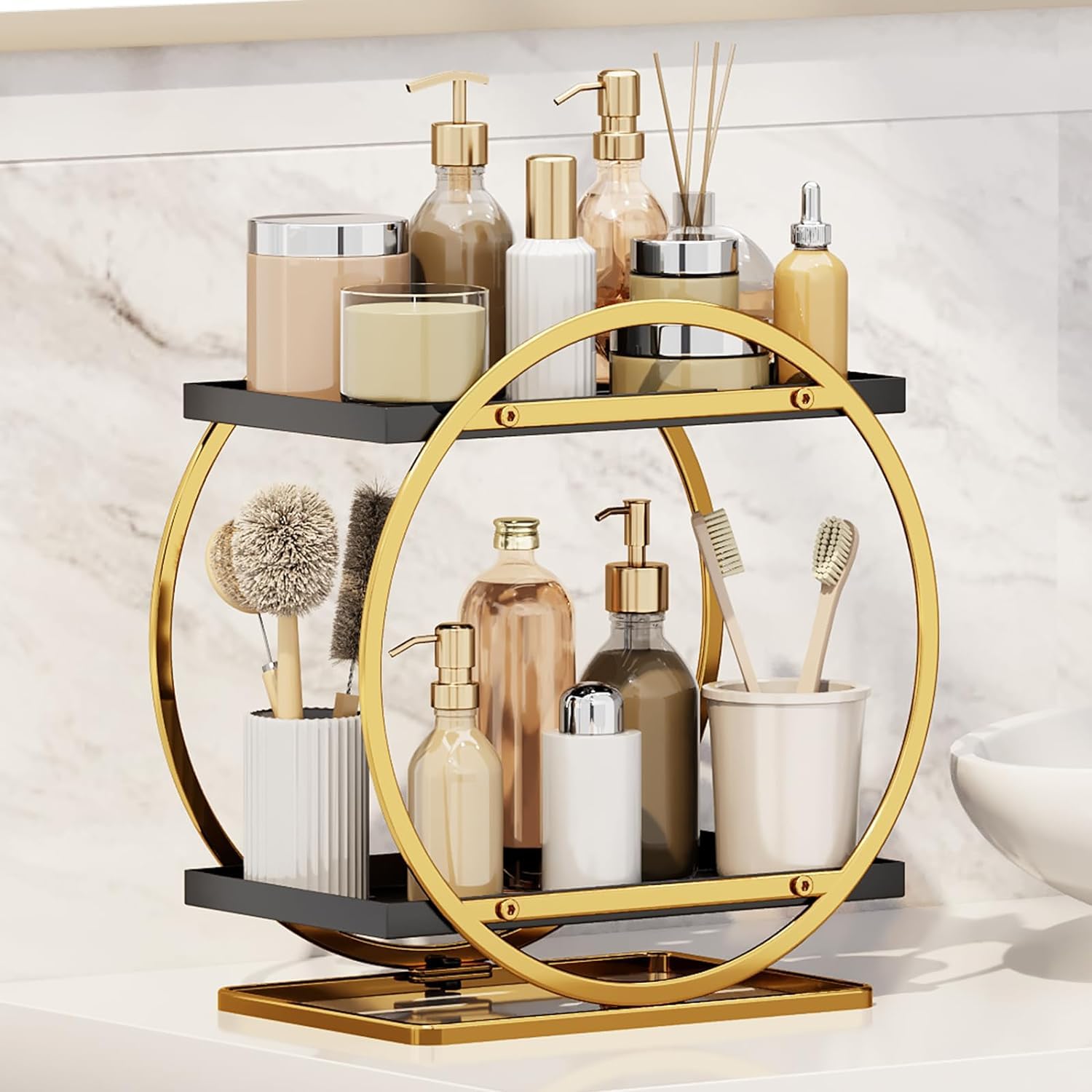 Karfri Black/Gold Makeup Organizer For Vanity, Perfume Organizer For Dresser- 2 Tier Skincare Organizers Bathroom Countertop Organizer,Perfume Holder Rack,Cosmetic Display Tray