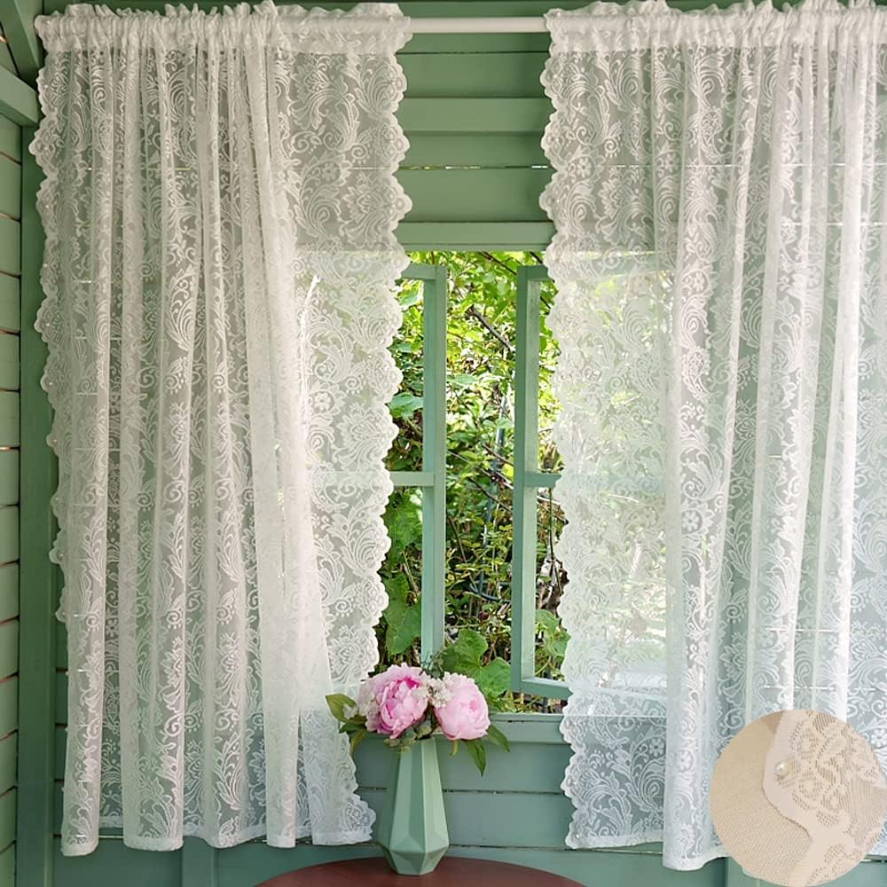 Extra Long Sheer Lace Curtains with Scalloped Edge Pearls Design,Elegant Victorian Lace Curtains for Bedroom/Wedding Backdrop,Floral Window Curtains Rod Pocket,2 Sheer Panels