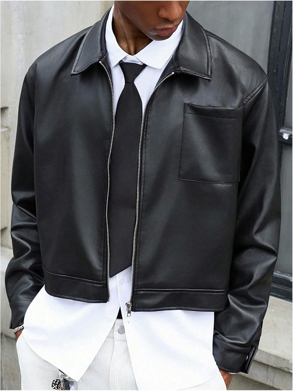Men's Faux Leather Jacket Long Sleeve Zip Up Collared Crop Biker Motorcycle Lightwe... - Image 5