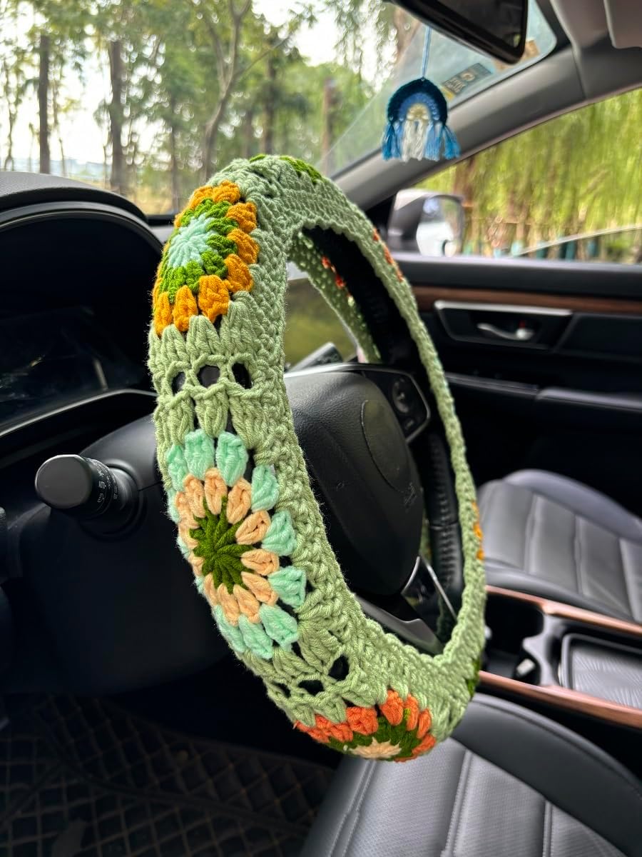 Crochet Sunflower Steering Wheel Cover,Cute Seatbelt Cover,Women Car Interior Accessories Decorations (A,Wheel Cover+2 Belt Cover+Rainbow)