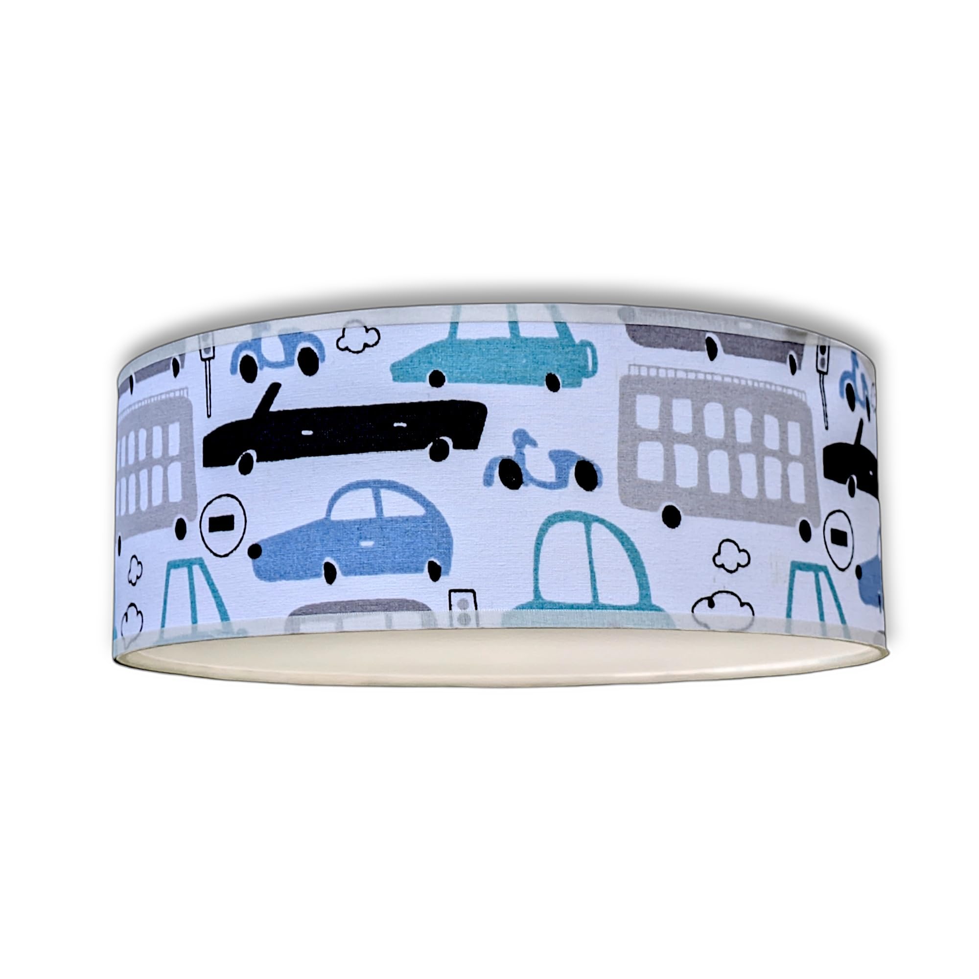 Plafonnier chambre enfant voiture Ø28cm abat-jour coton rond luminaire bleu